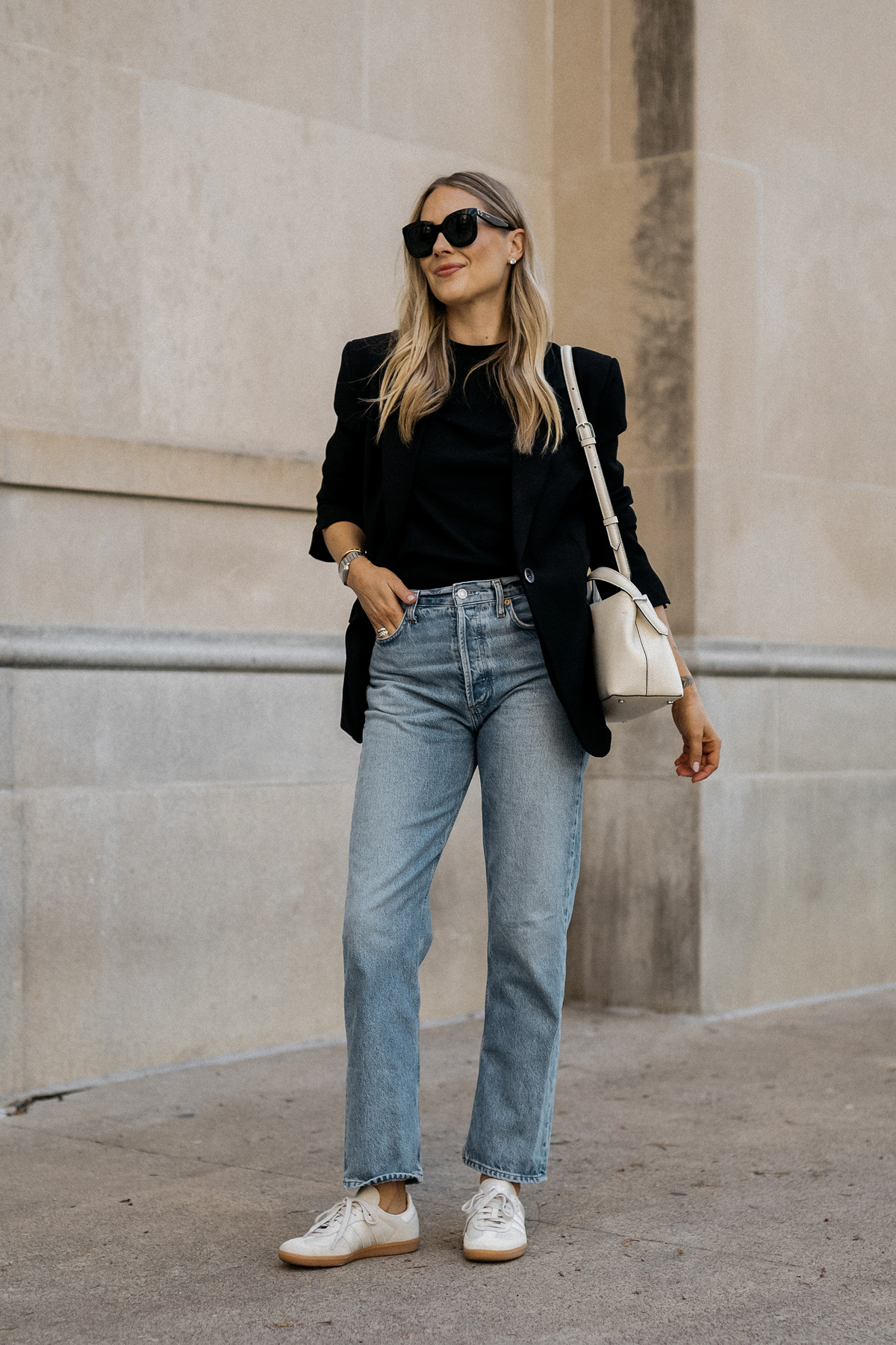 Fashion Jackson Wearing MAYSON the label Black Boyfriend Blazer Black Tshirt AGOLDe 90s Pinch Waist Jeans adidas samba OG Beige White Sneakers Toteme Medium T Lock Handbag Milk Street Style