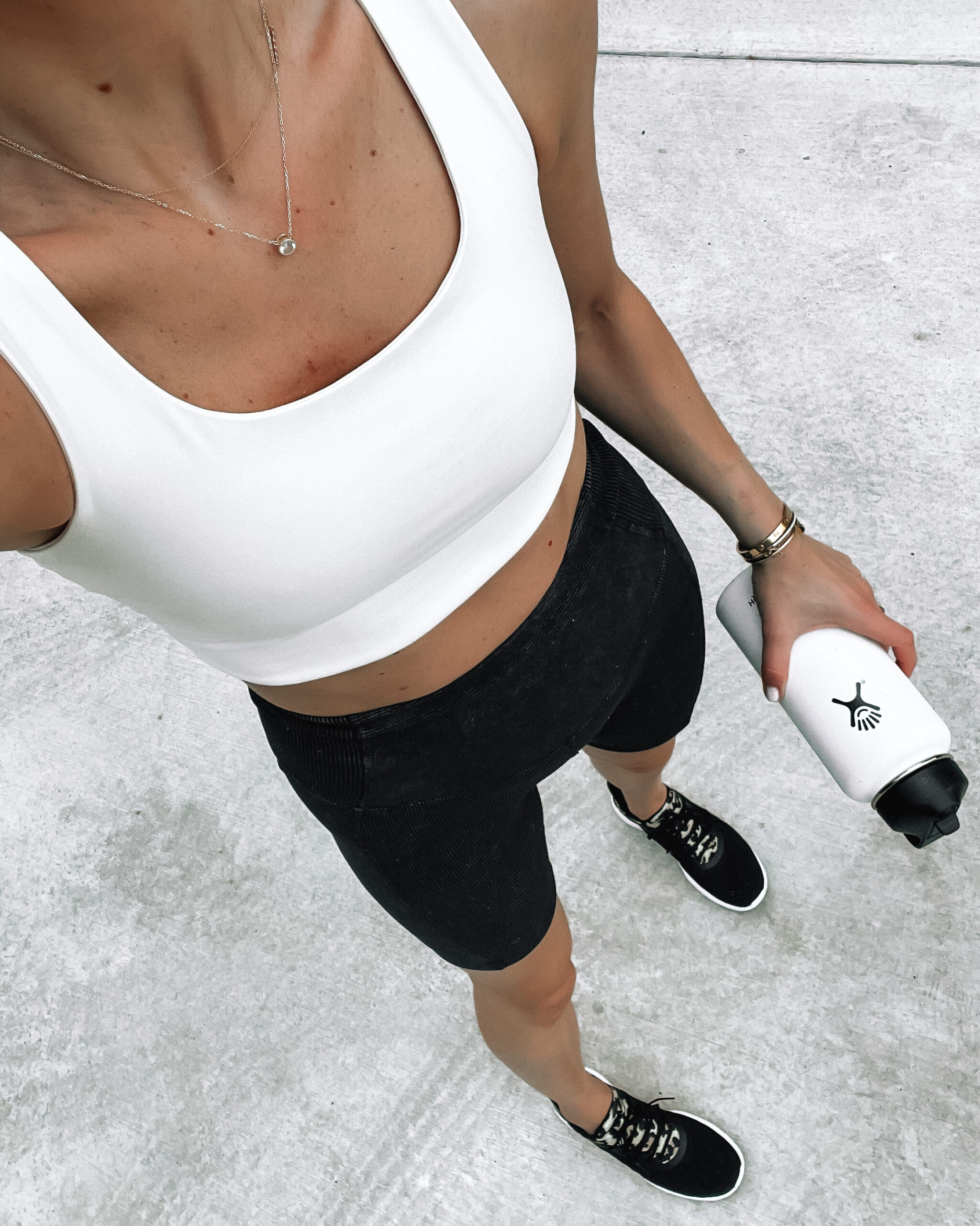 Fashion Jackson Wearing Girlfriend Paloma Sports Bra White Zella Black Ribbed Biker Shorts APL Black Leopard Sneakers White Hydroflask Womens Workout Outfit