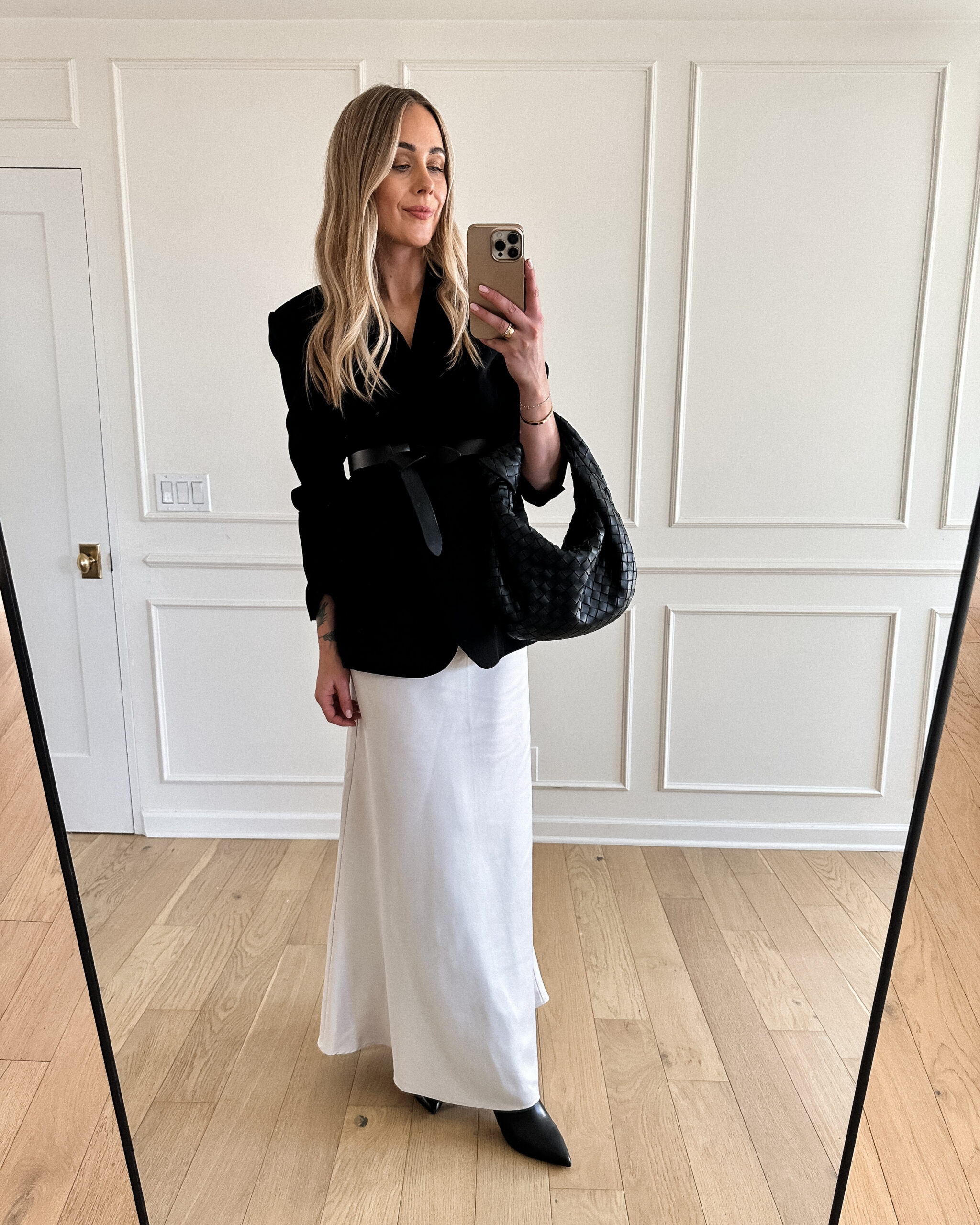 Fashion Jackson Wearing MAYSON the label black boyfriend blazer, white satin maxi skirt, black boots, black blazer outfit for women, black blazer outfit inspo, black blazer outfit formal