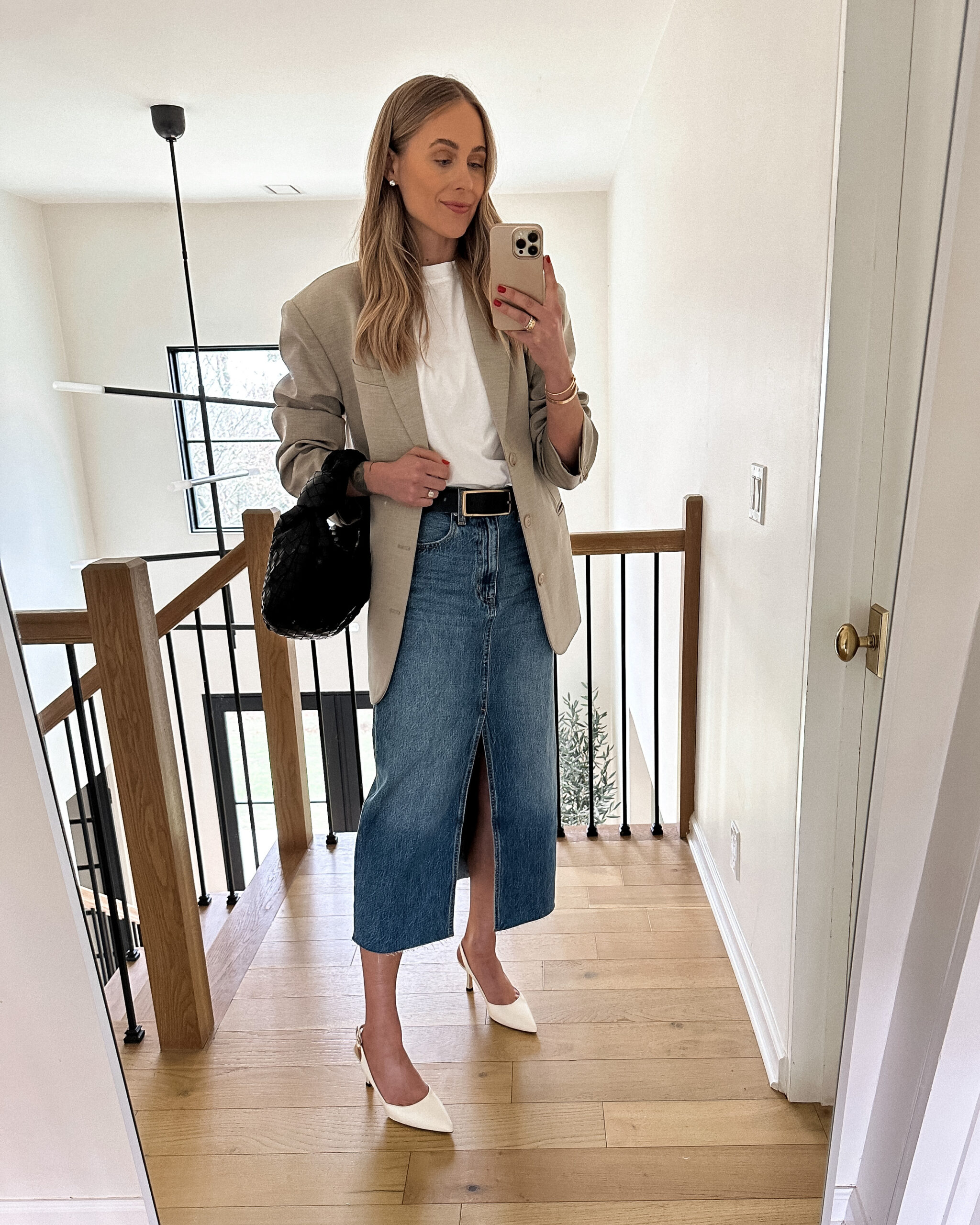 Fashion Jackson Wearing Frankie Shop Gelso Beige Oversized Blazer White Tshirt Denim Midi Skirt White Slingback Pumps Black Belt Bottega Veneta Black Teen Jodie Spring Capsule Wardrobe