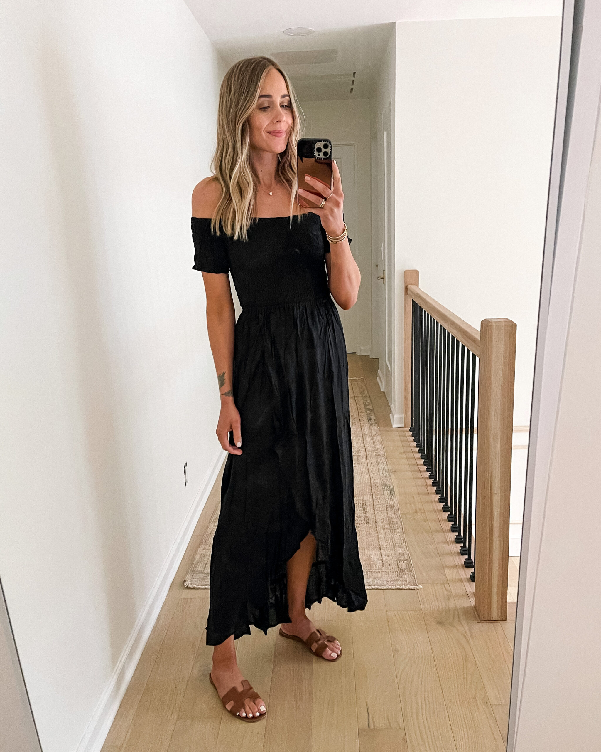 Fashion Jackson Wearing Black Off the Shoulder Maxi Dress Swimsuit Coverup Tan Hermes Sandals Shopbop Haul