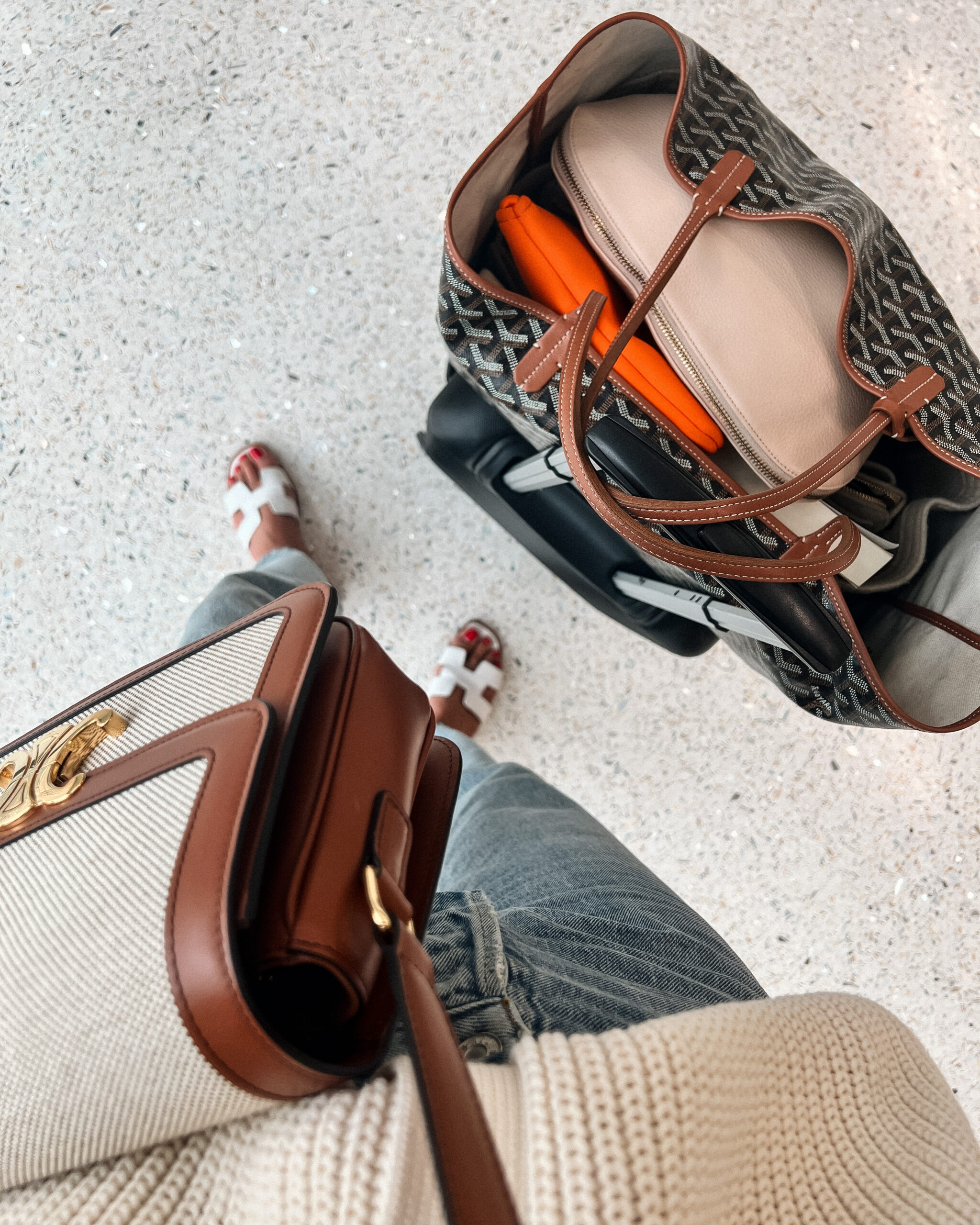 Fashion Jackson Travel Outfit Goyard Tote, Celine Triomphe Bag