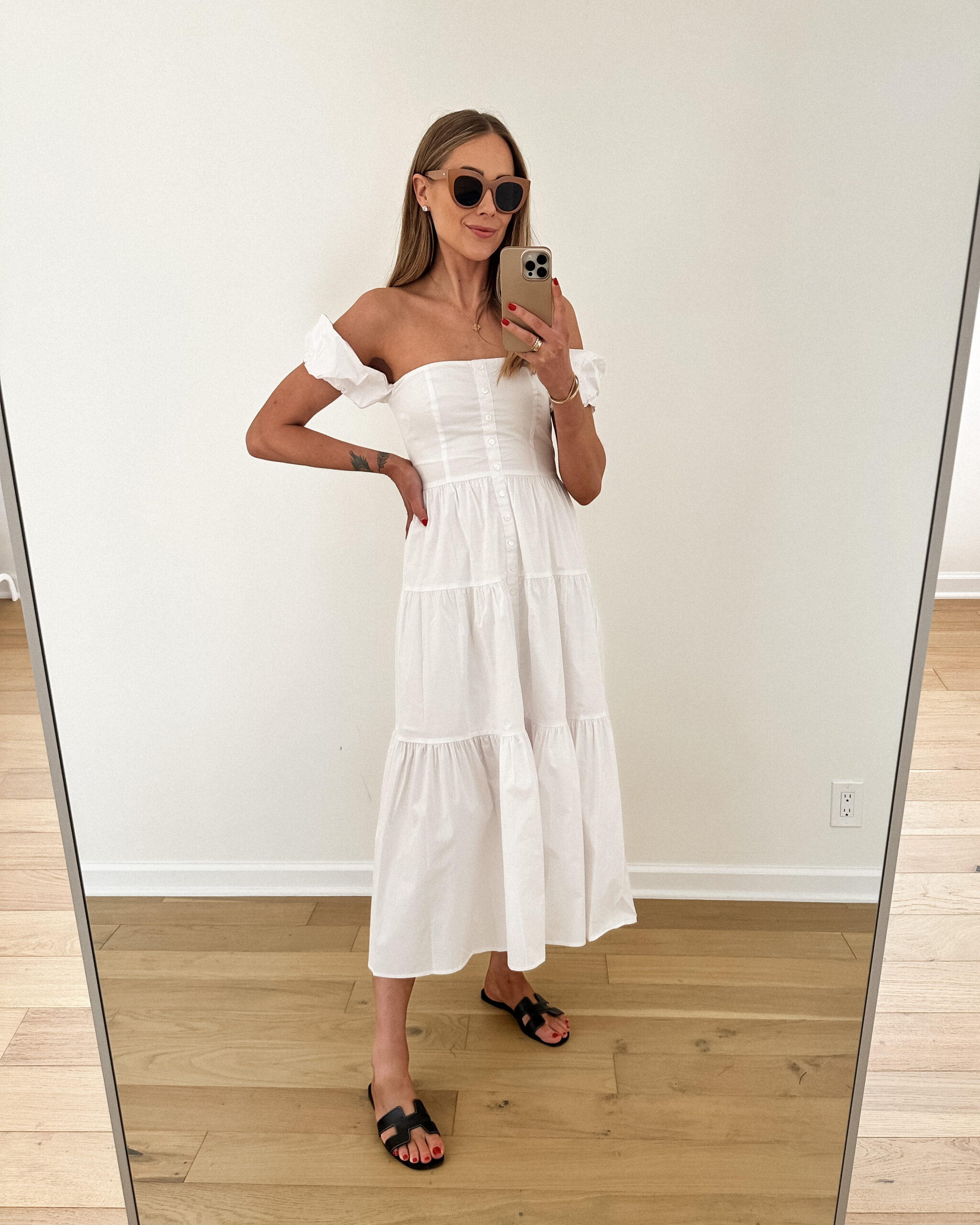 Fashion Jackson Wearing Staud Elio White Dress Black Hermes Sandals Womens Summer Dresses