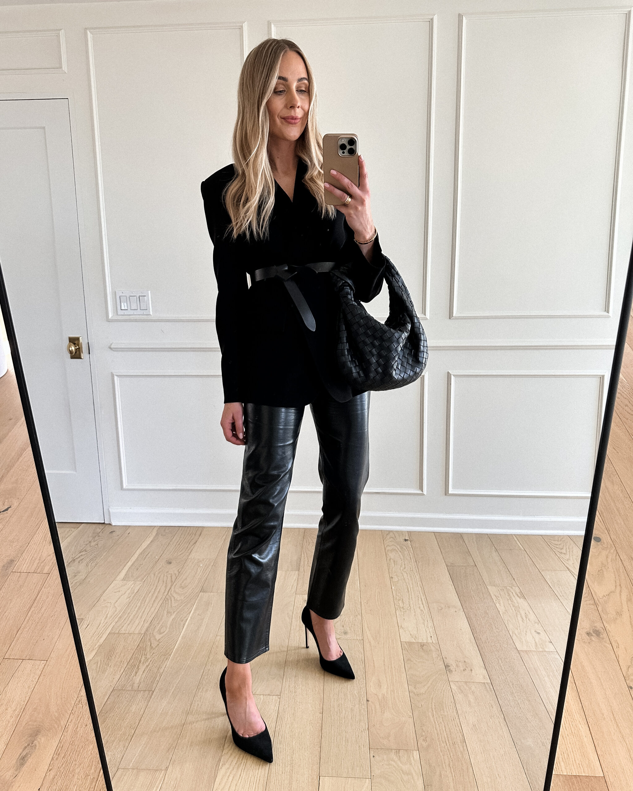 Fashion Jackson Wearing MAYSON the label black boyfriend blazer, black leather pants, black heels, black blazer outfit for women, black blazer outfit inspo, black blazer outfit formal