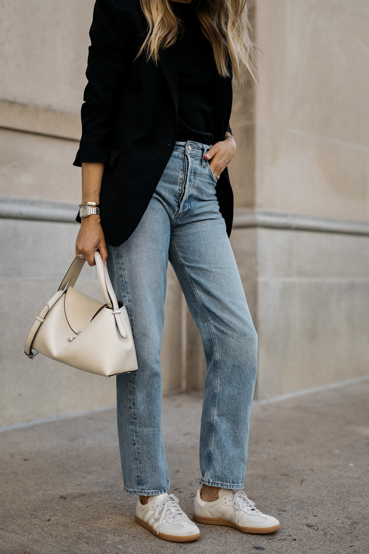 Fashion Jackson Wearing MAYSON the label Black Boyfriend Blazer Black Tshirt AGOLDe 90s Pinch Waist Jeans adidas samba OG Beige White Sneakers Toteme Medium T Lock Handbag Milk