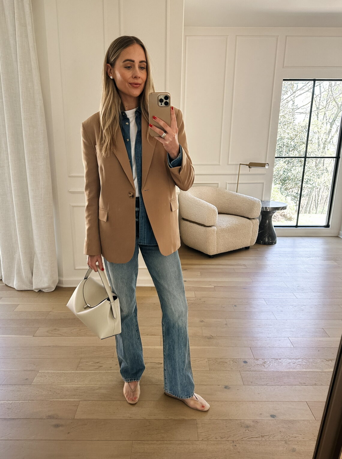 Fashion Jackson wearing MAYSON the label camel blazer, denim button up shirt, jeans, sheer ballerina flats, spring look, chic office look