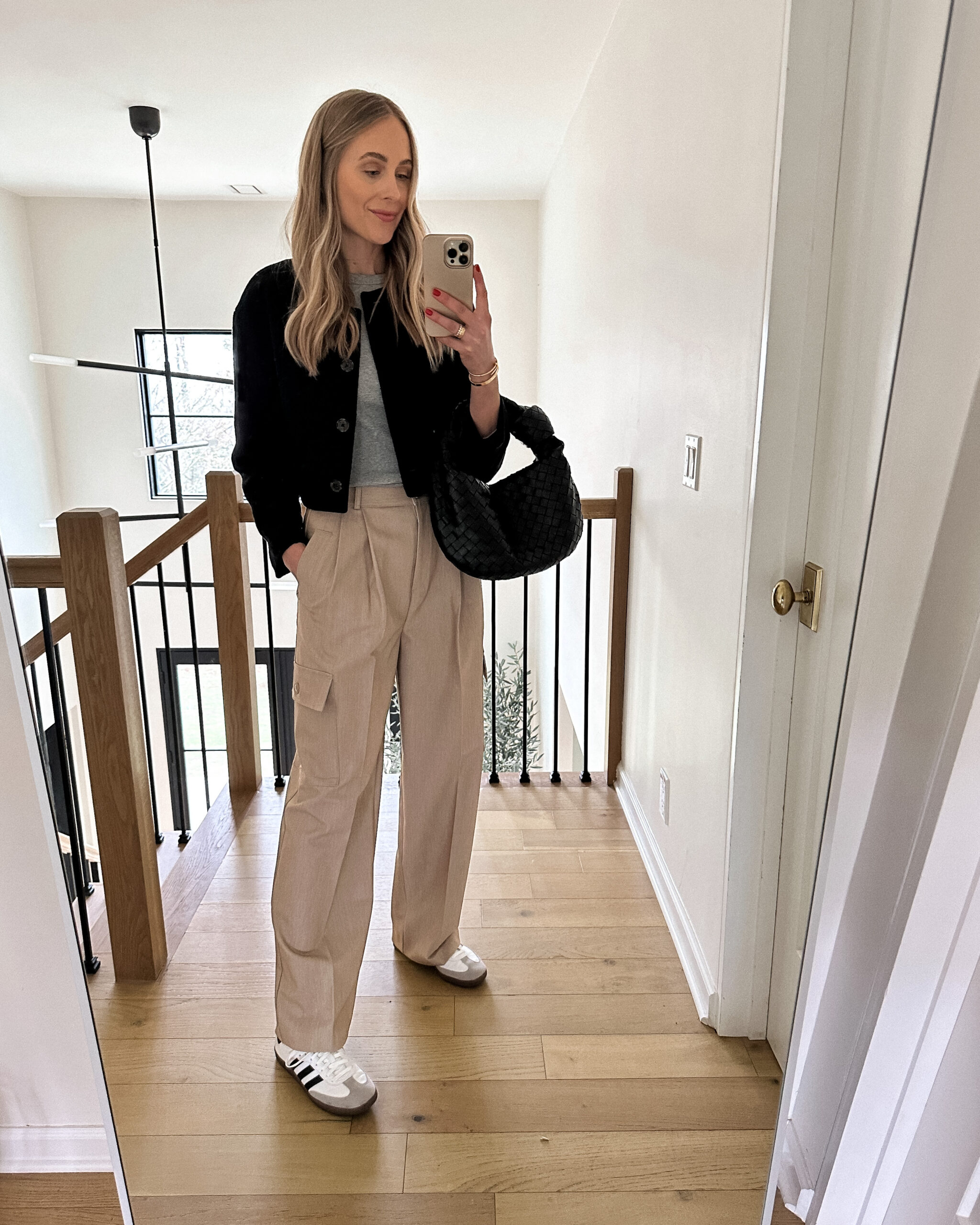 Fashion Jackson Wearing Black Lady Jacket Grey Tshirt Frankie Shop Maesa Cargo Trousers Adidas OG White Sambas Bottega Veneta Black Teen Jodie Handbag Spring Capsule Wardrobe