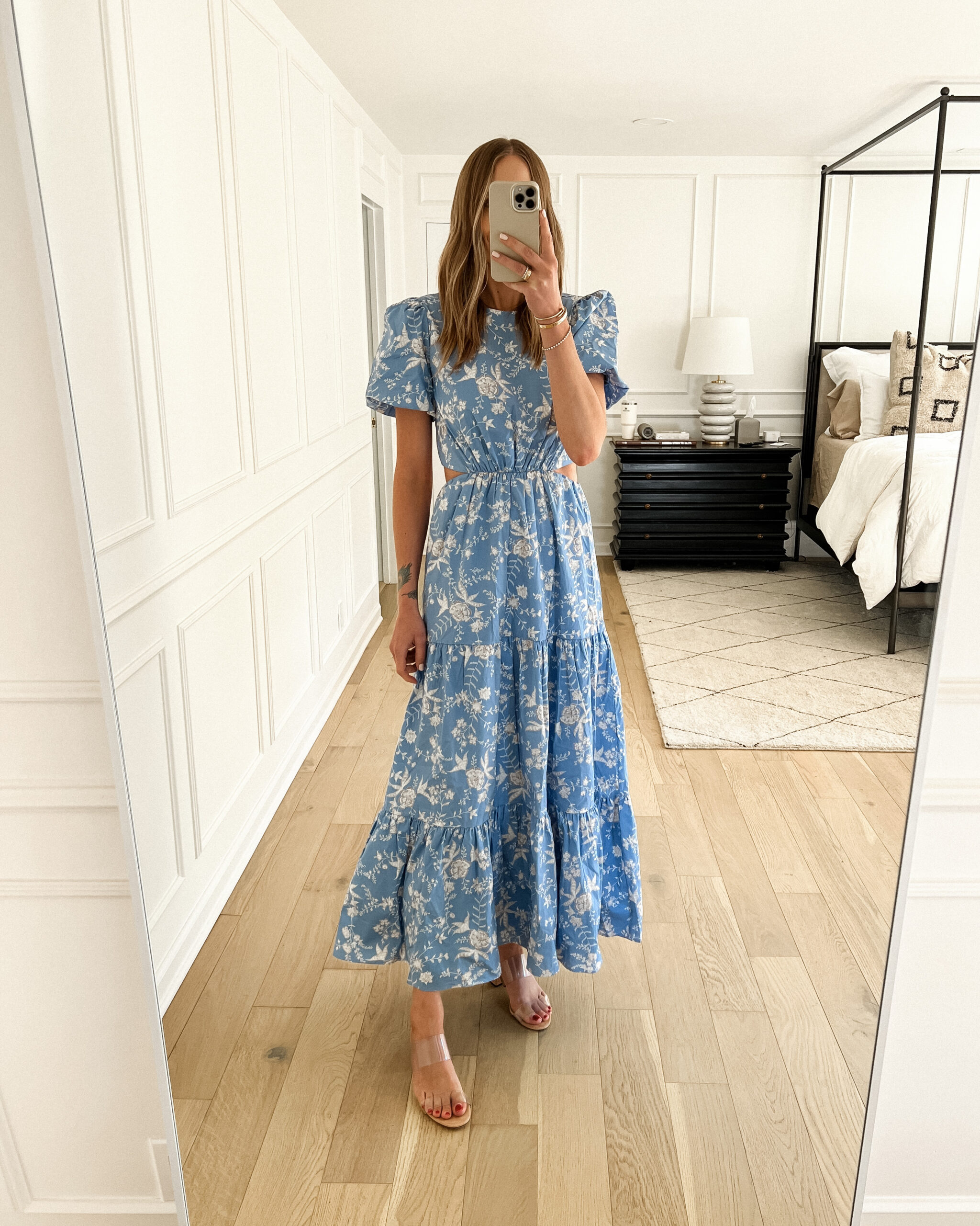 Fashion Jackson Wearing Blue White Floral Maxi Summer Dress Schutz Clear Heeled Sandals