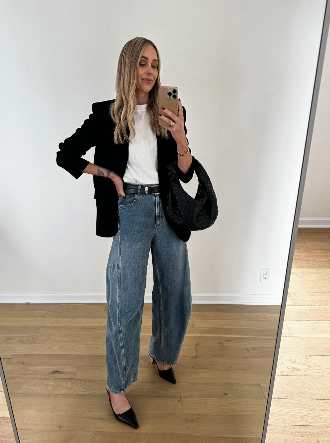 Fashion Jackson Wearing MAYSON the label black blazer white tshirt tibi horseshoe jeans black slingbacks Bottega Veneta Black Teen Jodie Handbag Fall Business Casual Outfit