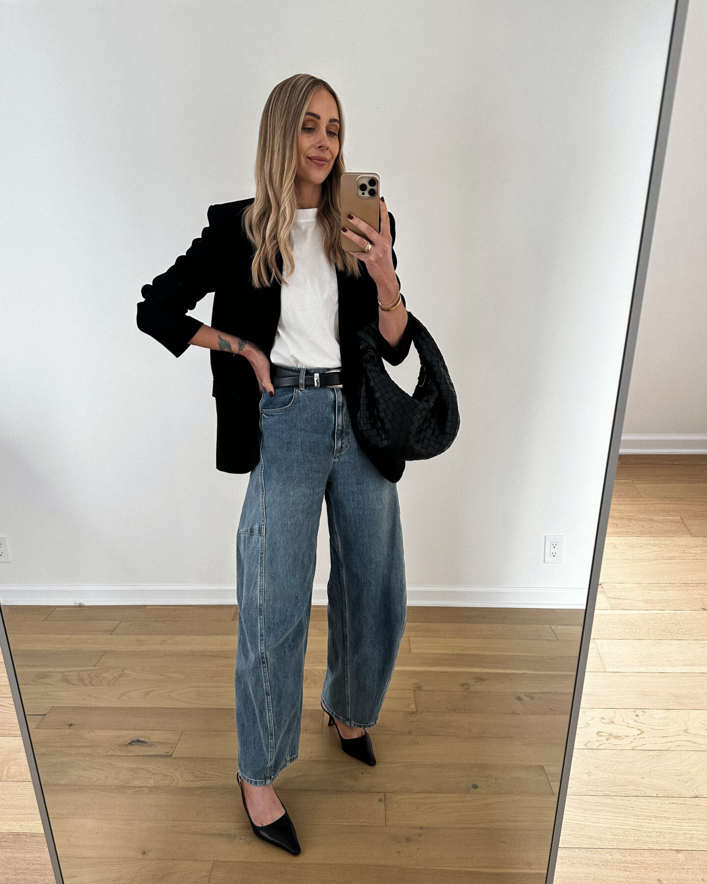 Fashion Jackson Wearing MAYSON the label black blazer white tshirt tibi horseshoe jeans black slingbacks Bottega Veneta Black Teen Jodie Handbag Fall Business Casual Outfit