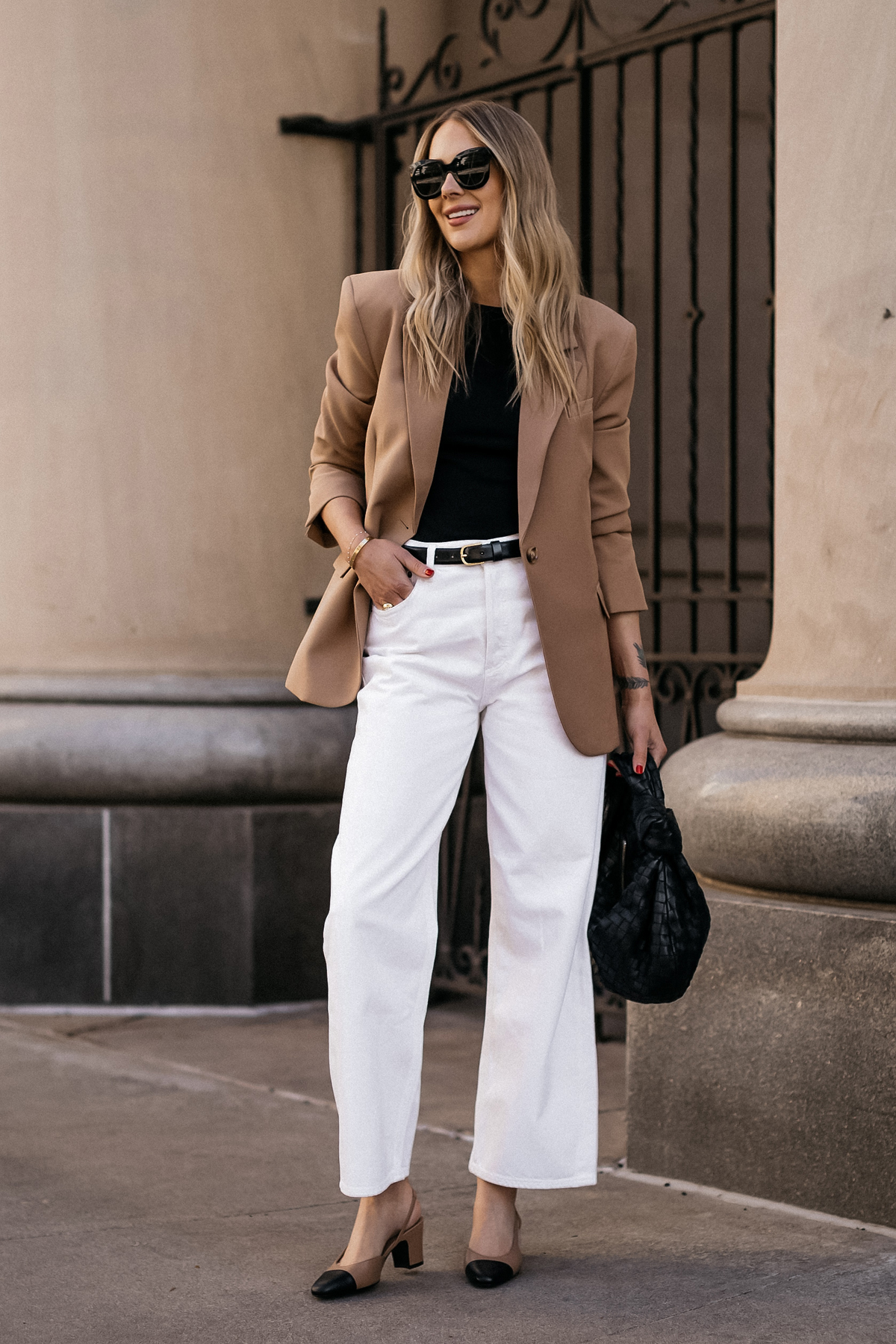 Fashion Jackson Wearing MAYSON the label Camel Boyfriend Blazer Black Tee White Jeans Chanle Tan Slingbacks Bottega Veneta Black Teen Jodie Handbag Street Style Outfit 1