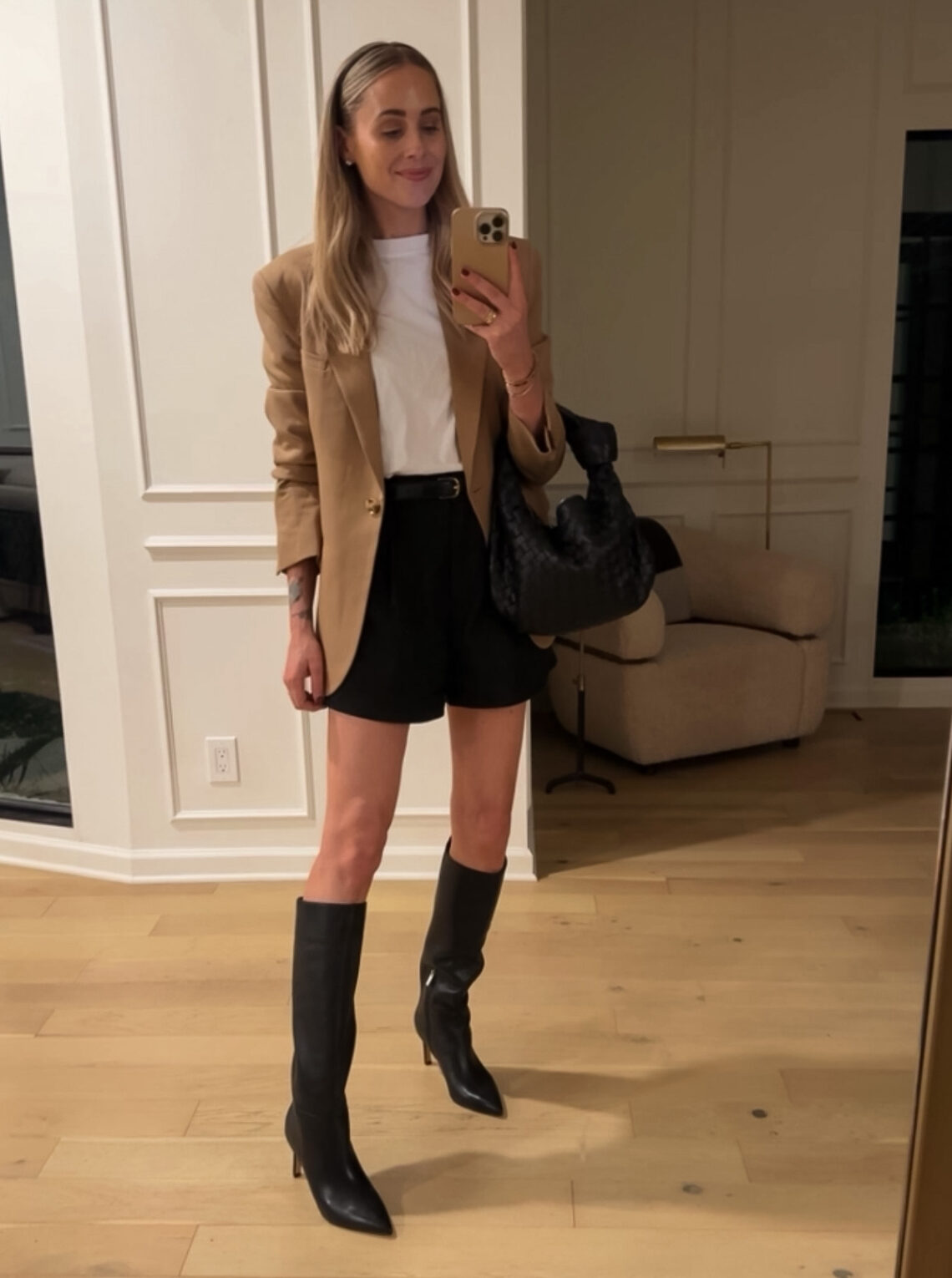 Fashion Jackson Wearing MAYSON camel boyfriend blazer white tshirt MAYSON black trouser shorts Marc Fisher LTD Black Knee High Boots Bottega Veneta Black Teen Jodie Fall Date Night Outfit