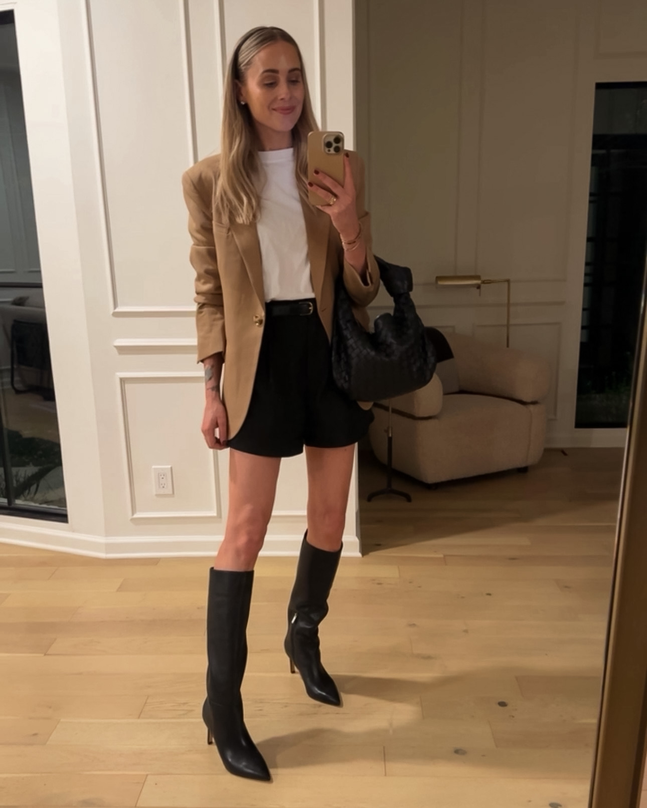 Fashion Jackson Wearing MAYSON camel boyfriend blazer white tshirt MAYSON black trouser shorts Marc Fisher LTD Black Knee High Boots Bottega Veneta Black Teen Jodie Fall Date Night Outfit