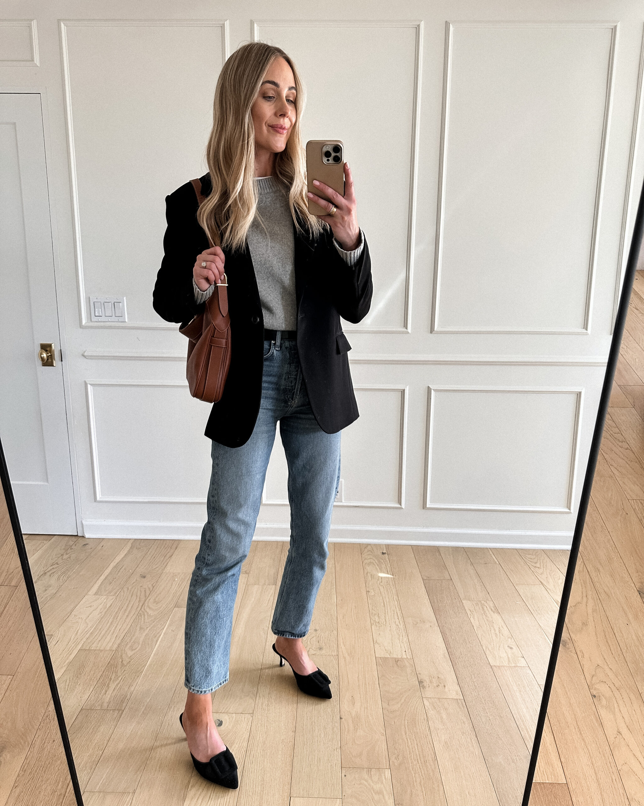 Fashion Jackson Wearing MAYSON the label black boyfriend blazer, grey sweater, black heels, black blazer and jeans outfit, casual workwear outfit for women, black blazer outfit inspo