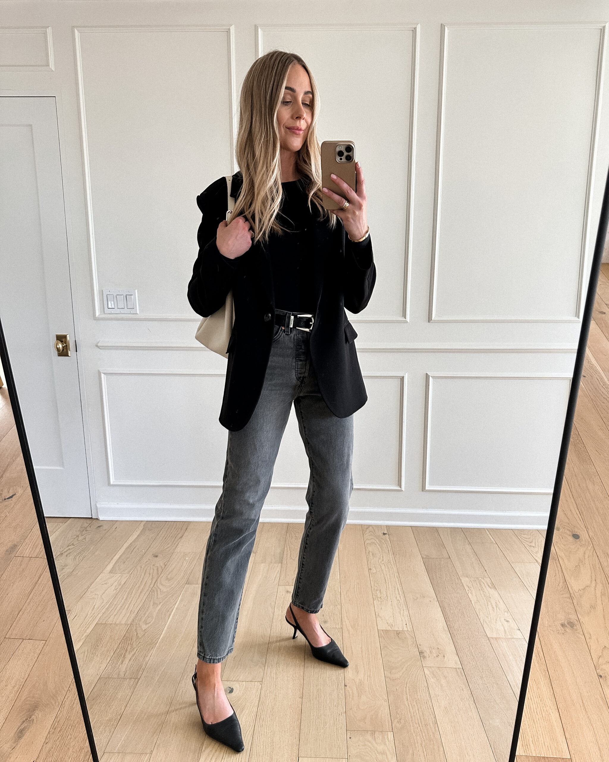 Fashion Jackson Wearing MAYSON the label black boyfriend blazer, black top, levis grey jeans, black slingback heels, black blazer and jeans outfit, casual workwear outfit for women, black blazer outfit inspo