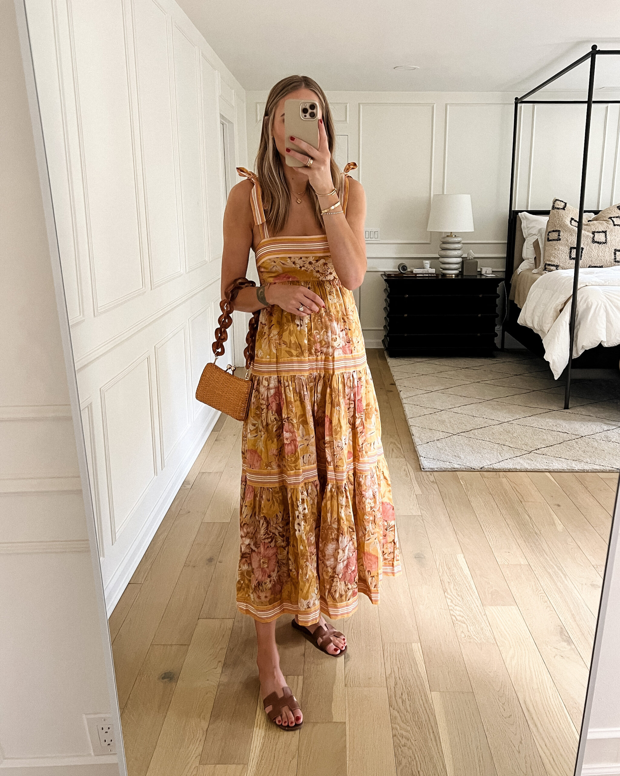 Fashion Jackson Wearing Zimmermann Pattie Tie Shoulder Dress Serpui Marie Charlotte Bag Hermes Tan Sandals