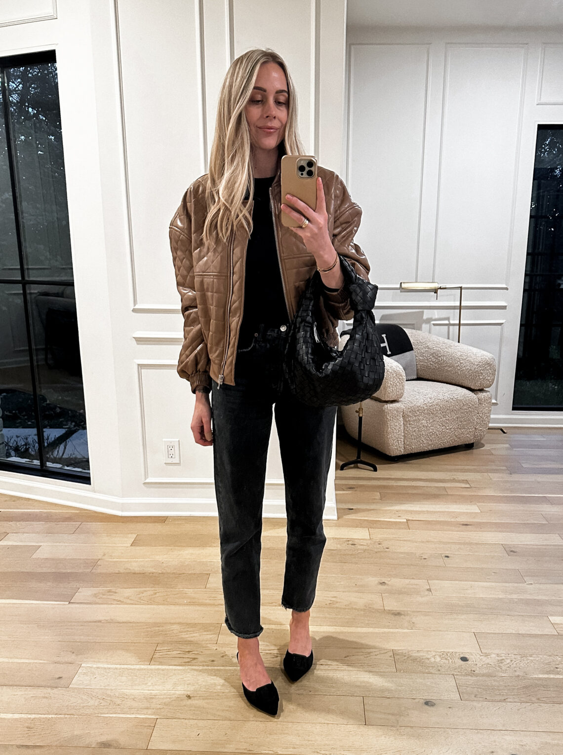 Fashion Jackson Wearing MAYSON the label Brown Quilted Bomber Jacket Black Long Sleeve Tee AGOLDE Black 90s Jeans Black Amazon Mules Bottega Veneta Black Teen Jodie Handbag Fall Date Night Outfit