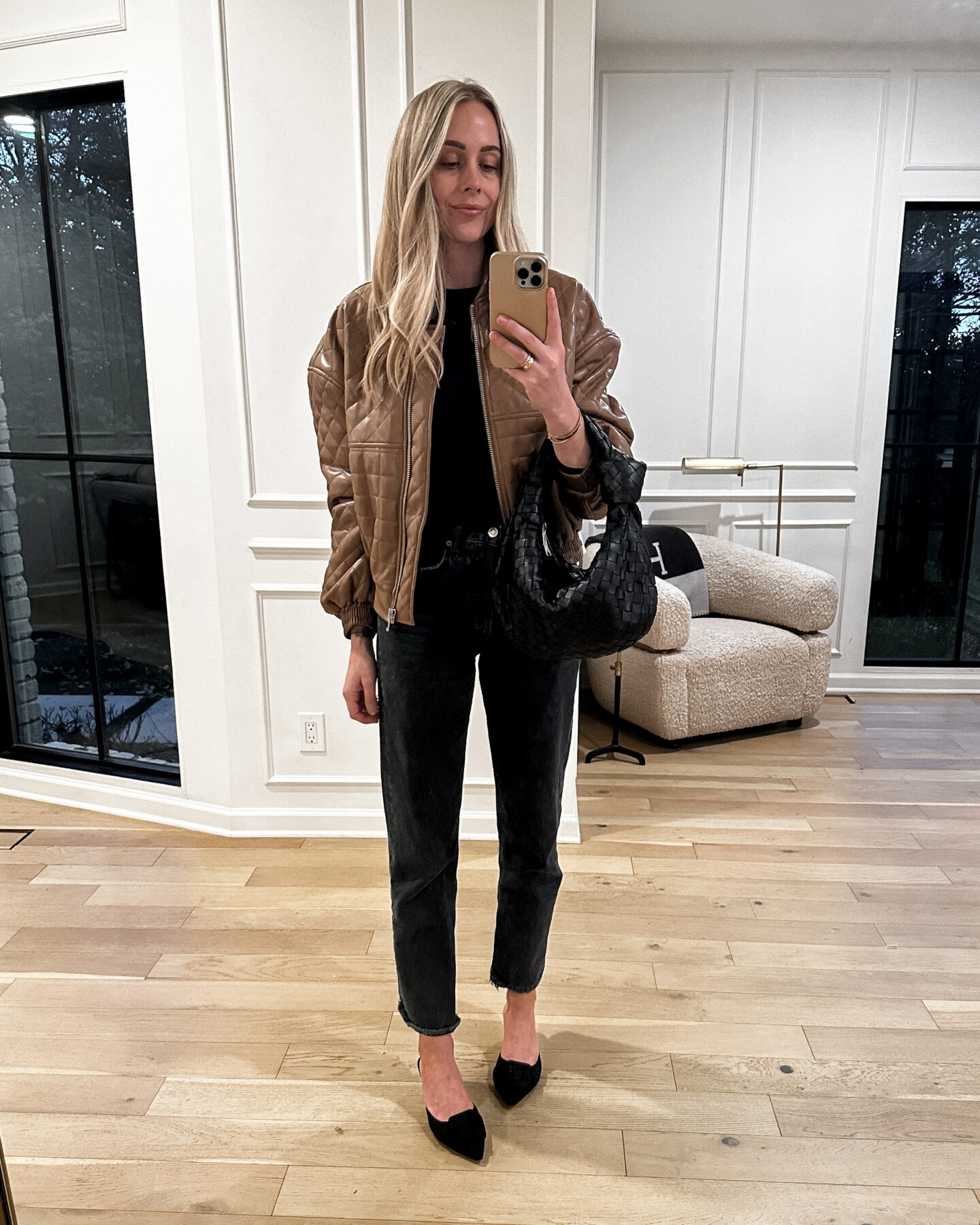 Fashion Jackson Wearing MAYSON the label Brown Quilted Bomber Jacket Black Long Sleeve Tee AGOLDE Black 90s Jeans Black Amazon Mules Bottega Veneta Black Teen Jodie Handbag Fall Date Night Outfit