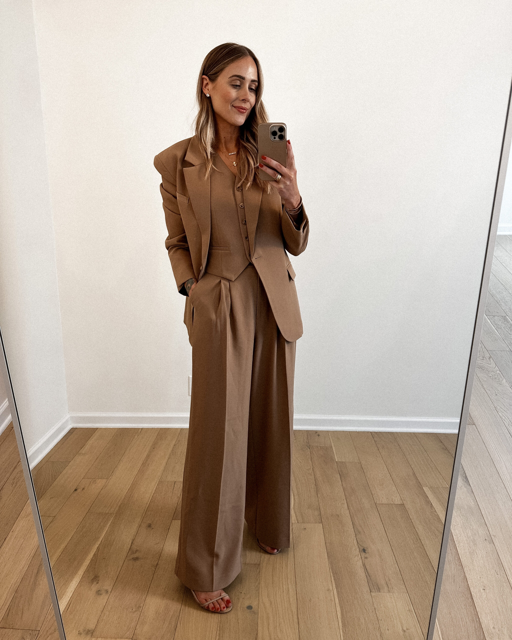 Fashion Jackson wearing MAYSON the label Camel Boyfriend Blazer, Camel Vest, Camel Wide Leg Trousers, Nude Strappy Sandals Workwear Outfit