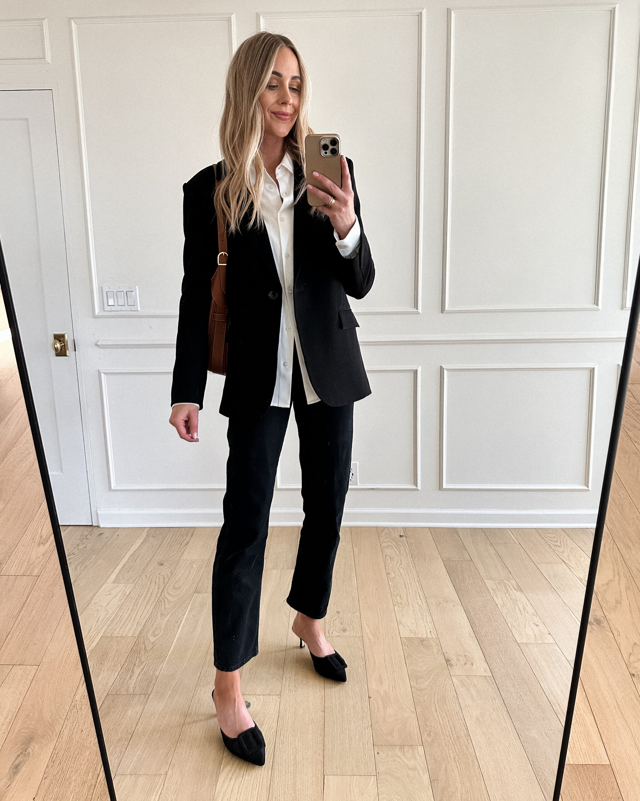 Fashion Jackson Wearing MAYSON the label black boyfriend blazer, white button up shirt, black jeans, black heels, black blazer workwear outfit for women, black blazer and jeans outfit, black blazer outfit inspo