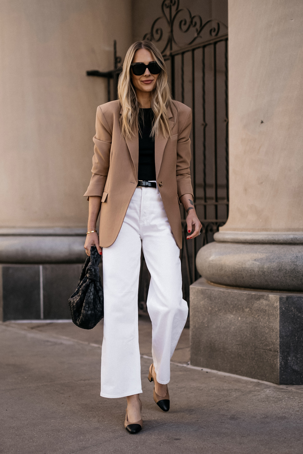 Fashion Jackson Wearing MAYSON the label Camel Boyfriend Blazer Black Tee White Jeans Chanle Tan Slingbacks Bottega Veneta Black Teen Jodie Handbag Street Style Outfit 2