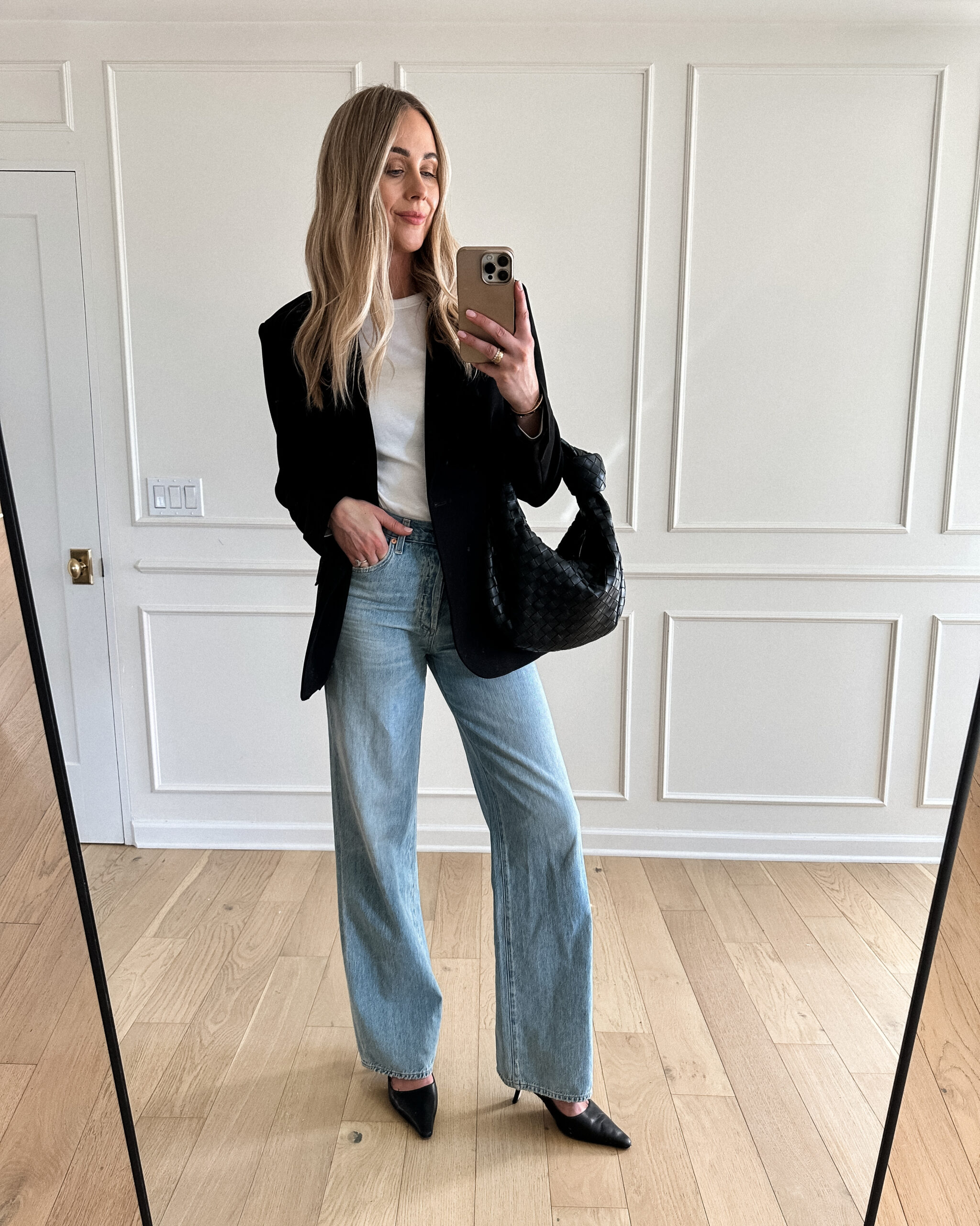 Fashion Jackson Wearing MAYSON the label black boyfriend blazer, white tshirt, wide leg jeans, black slingback heels, black blazer and jeans outfit, casual workwear outfit for women, black blazer outfit inspo