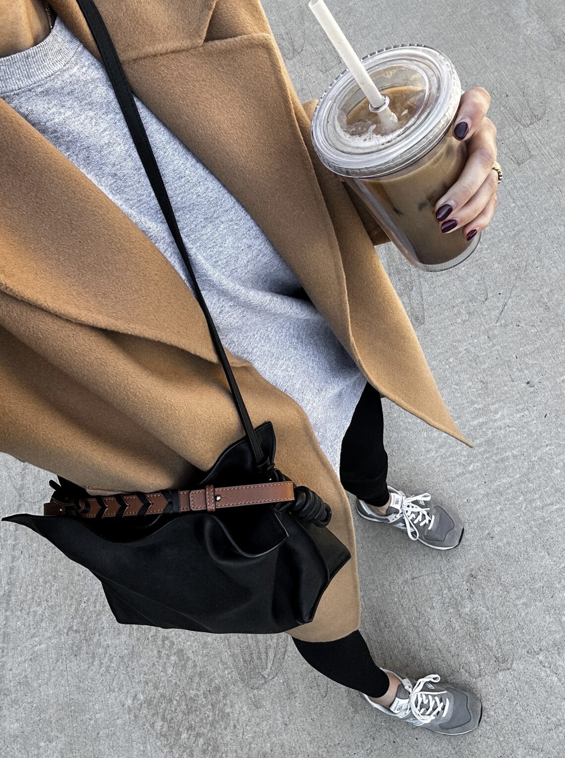 Fashion Jackson Wearing MAYSON the label camel wrap coat, grey sweatshirt, lululemon black leggings, new balanze 547 sneakers, loewe flamenco black handbag, casual fall outfit