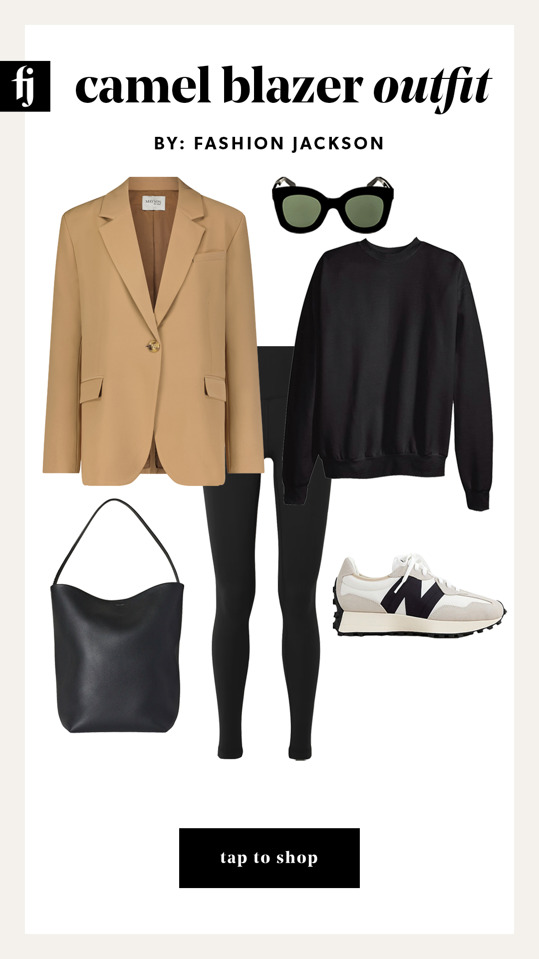 camel blazer outfit idea with black leggings