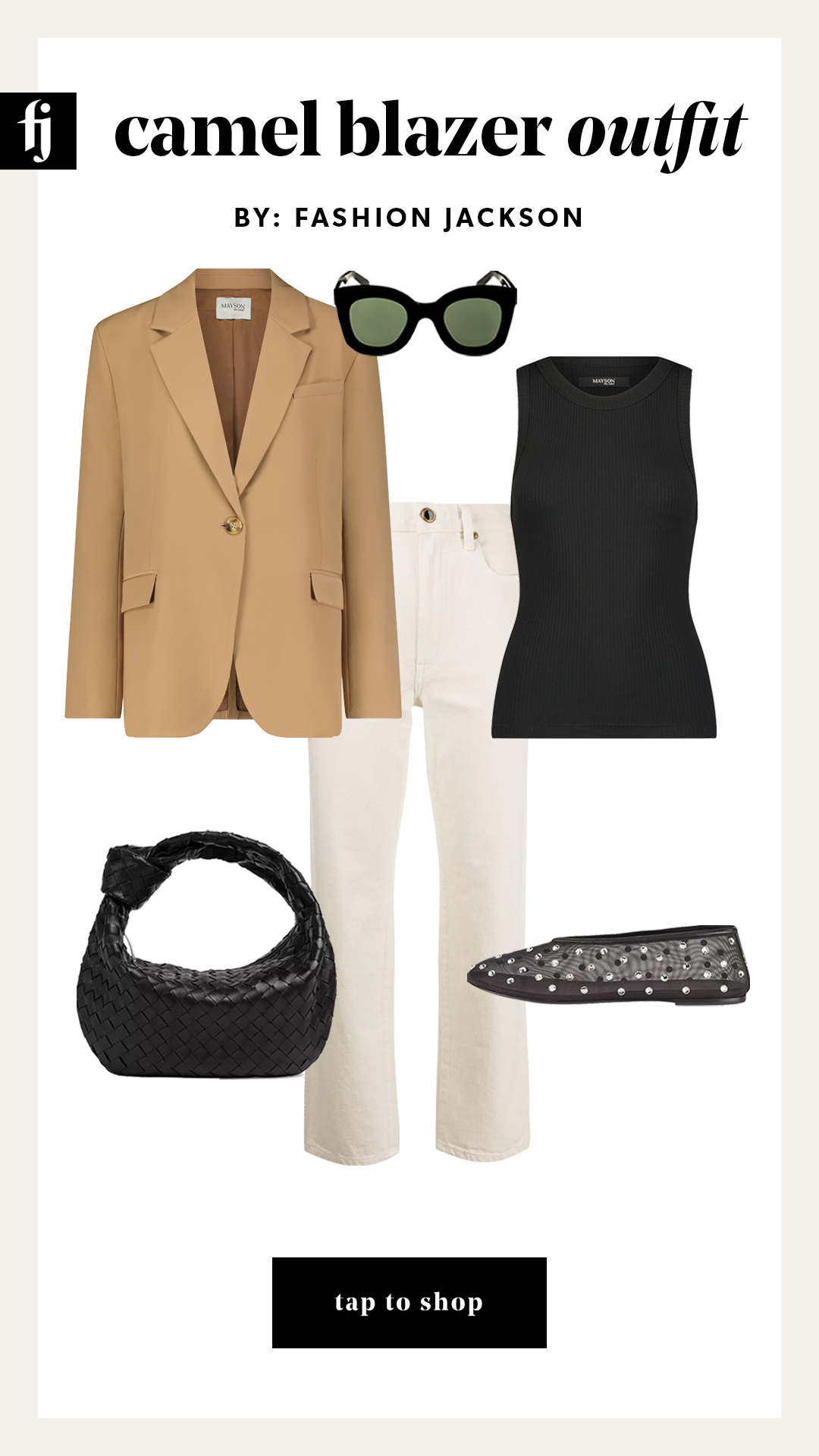 camel blazer business outfit idea with white jeans