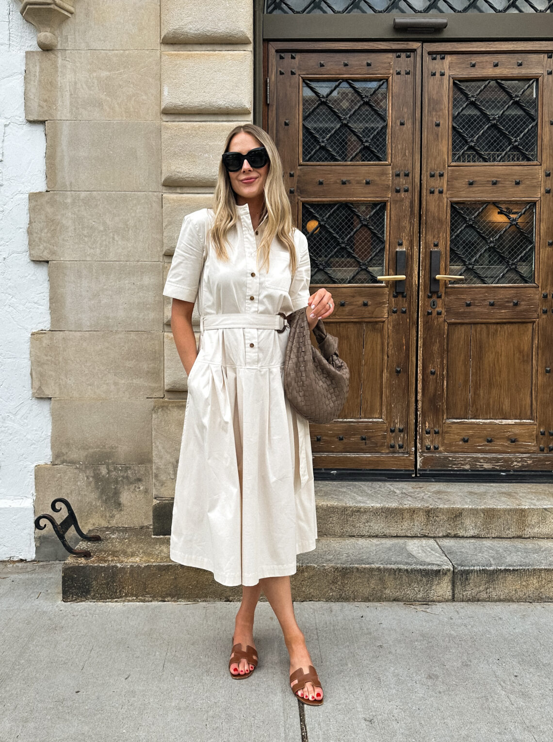 Fashion Jackson Wearing MAYSON the label Beige Short Sleeve Midi Shirt Dress Hermes Oran Gold Sandals Bottega Veneta Teen Jodie Taupe Summer Outfit