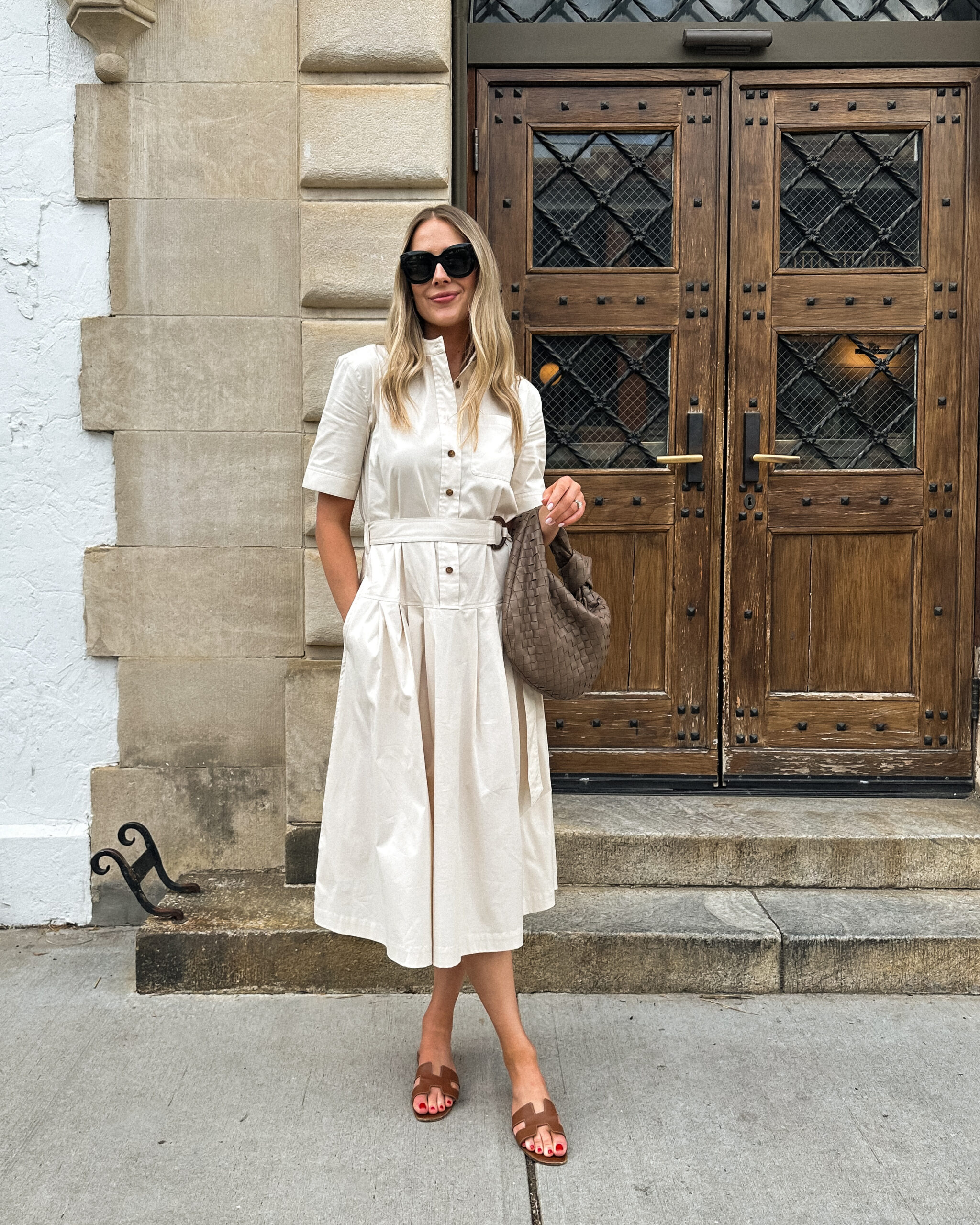 Fashion Jackson Wearing MAYSON the label Beige Short Sleeve Midi Shirt Dress Hermes Oran Gold Sandals Bottega Veneta Teen Jodie Taupe Summer Outfit