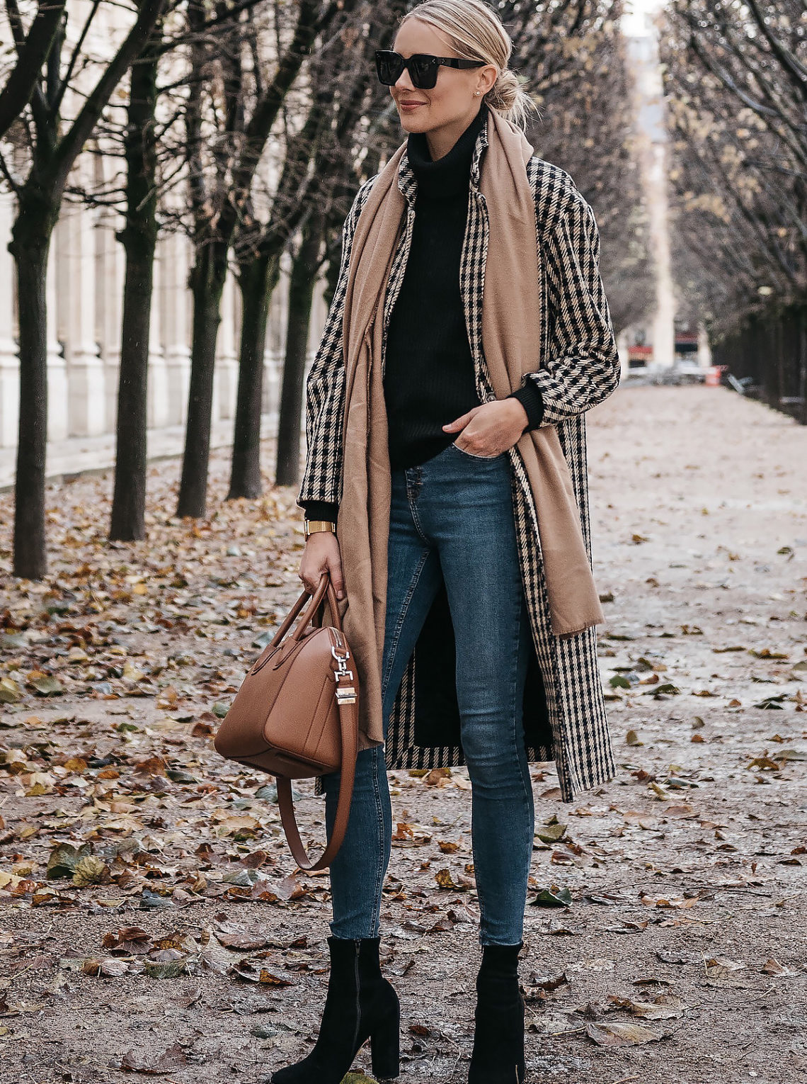 Paris France Fall Blonde Woman Wearing Plaid Check Coat Tan Blanket Scarf Denim Skinny Jeans Black Ankle Booties Fashion Jackson Dallas Blogger Fashion Blogger Street Style