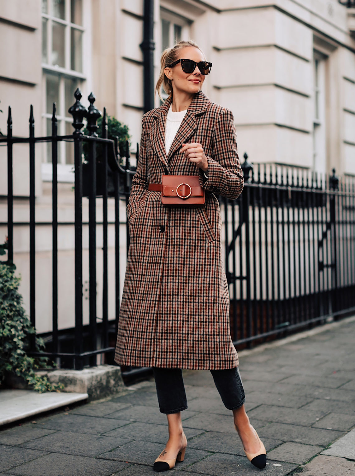 Blonde Woman Wearing Plaid Wool Coat Black Ankle Jeans Chanel Slingbacks Parisa Wang Brown Belt Bag Fashion Jackson San Diego Fashion Blogger London Street Style