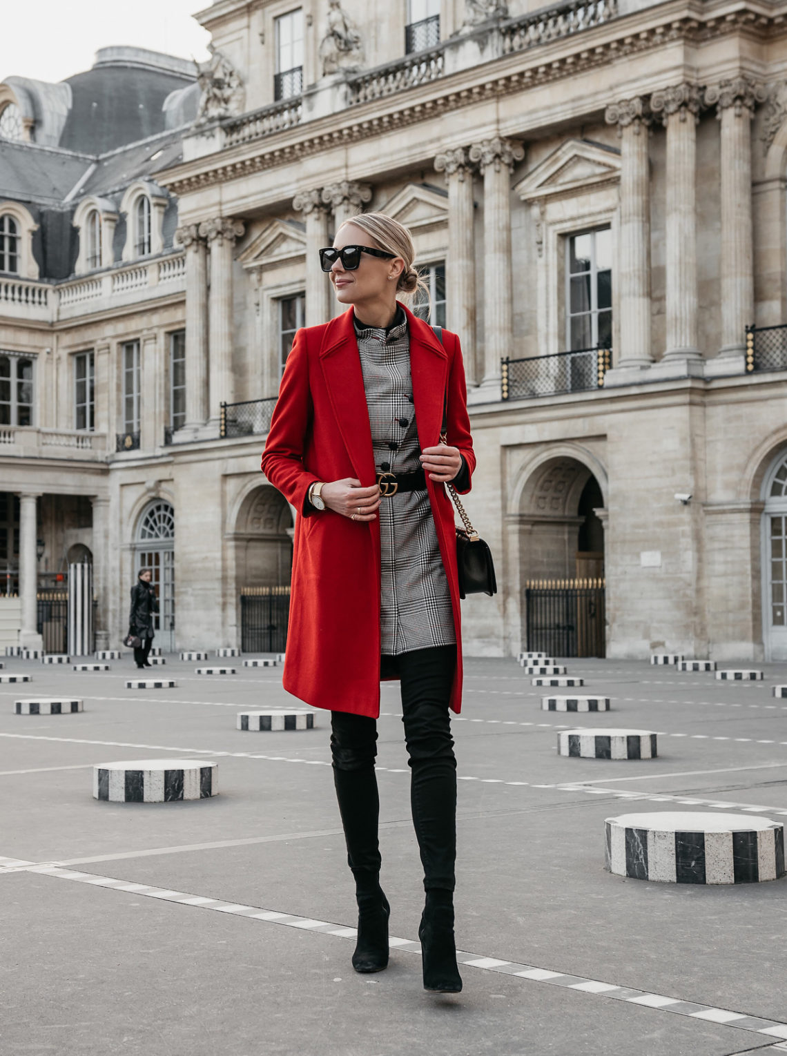 Blonde Woman Wearing Red Wool Coat Plaid Dress Black Jeans Black Booties Gucci Marmont Belt Chanel Black Gold Boy Bag Paris Palais Royal Fashion Jackson Dallas Blogger Fashion Blogger Street Style