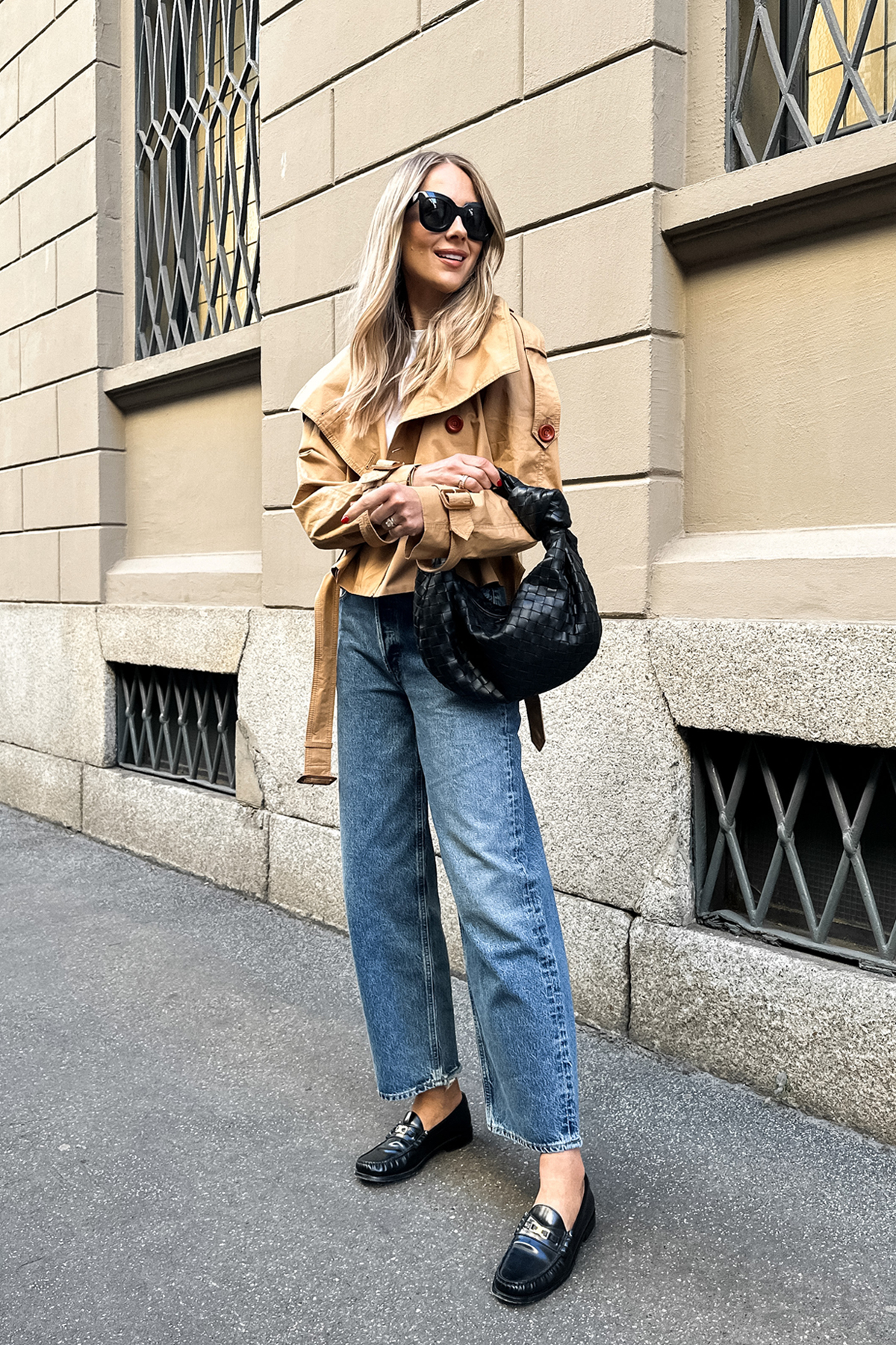 Fashion Jackson Wearing Acne Studios Croped Trench Jacket AGOLDE Dad Jeans Celine Black Loafers Bottega Veneta Teen Jodi Black Handbag Street Style