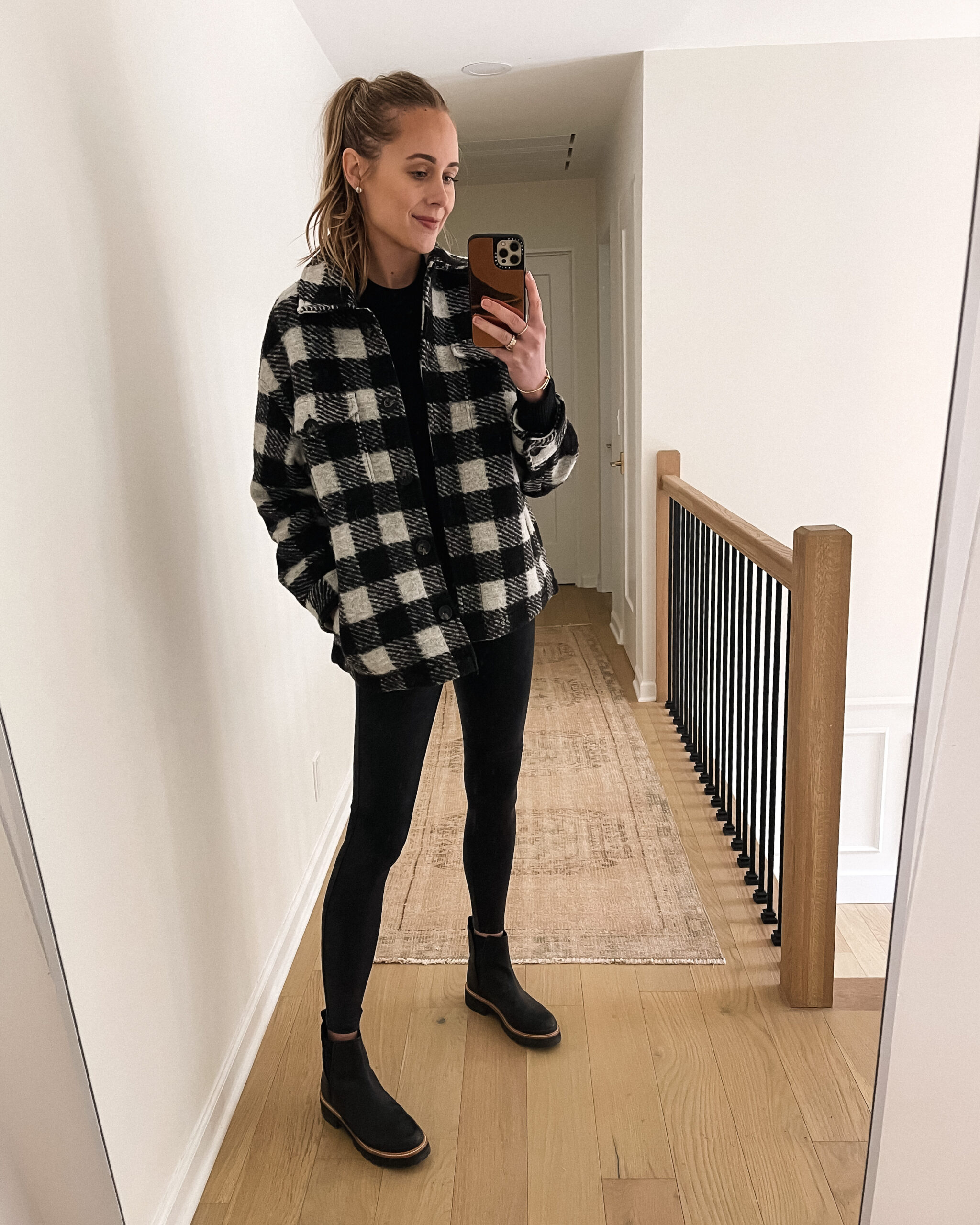 Fashion Jackson Wearing Allsaints Black White Plaid Jacket Black Leggings Black Lug Sole Boots