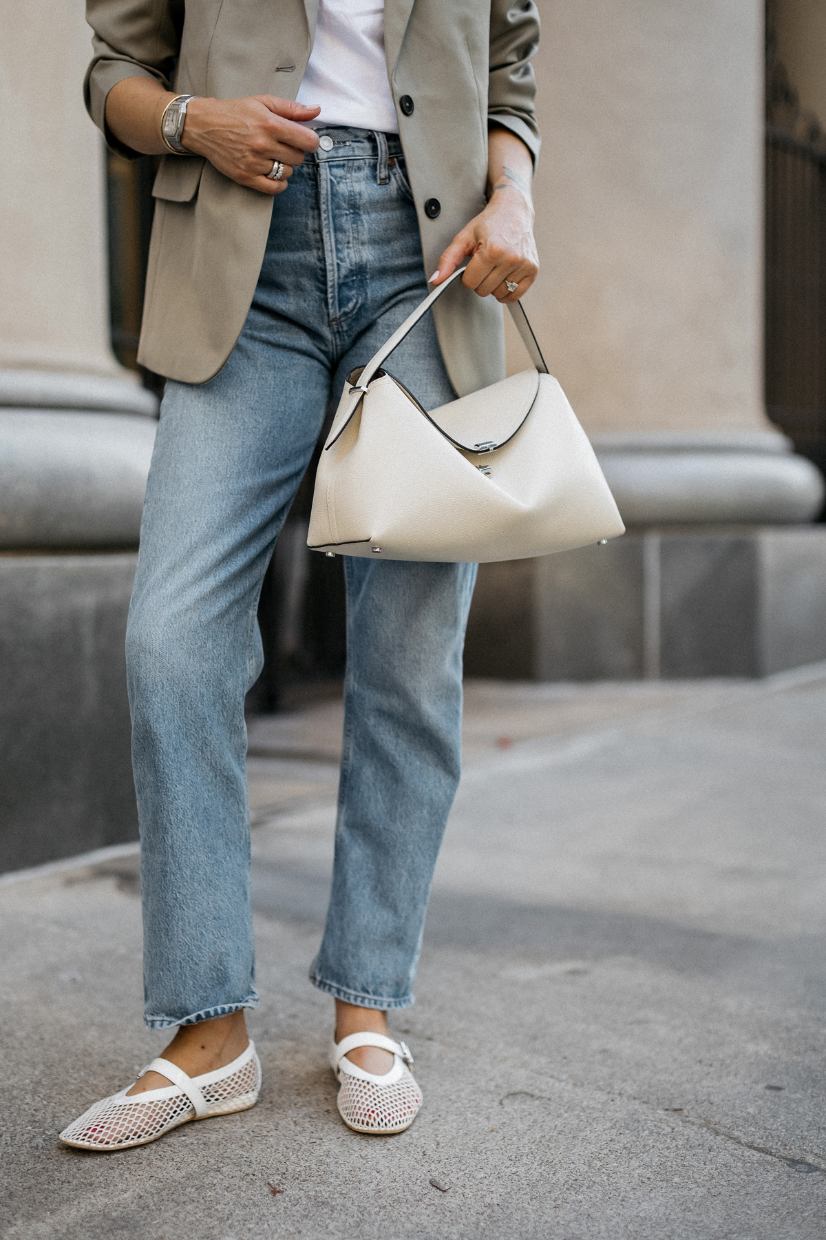 Fashion Jackson Wearing Anine Bing Quinn Blazer Sage Green Toteme White Tshirt AGOLDE 90s Jeans Amazon White Mesh Flats Toteme TLock White Handbag