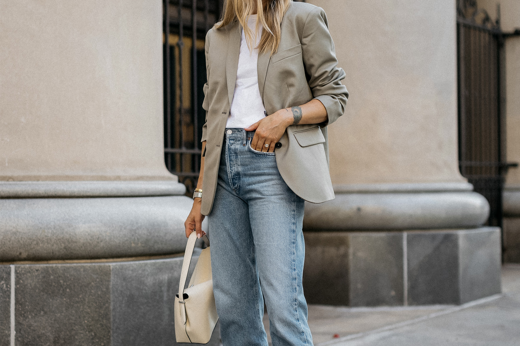 Fashion Jackson Wearing Anine Bing Quinn Blazer Sage Green Toteme White Tshirt AGOLDE 90s Jeans Toteme TLock White Handbag 1