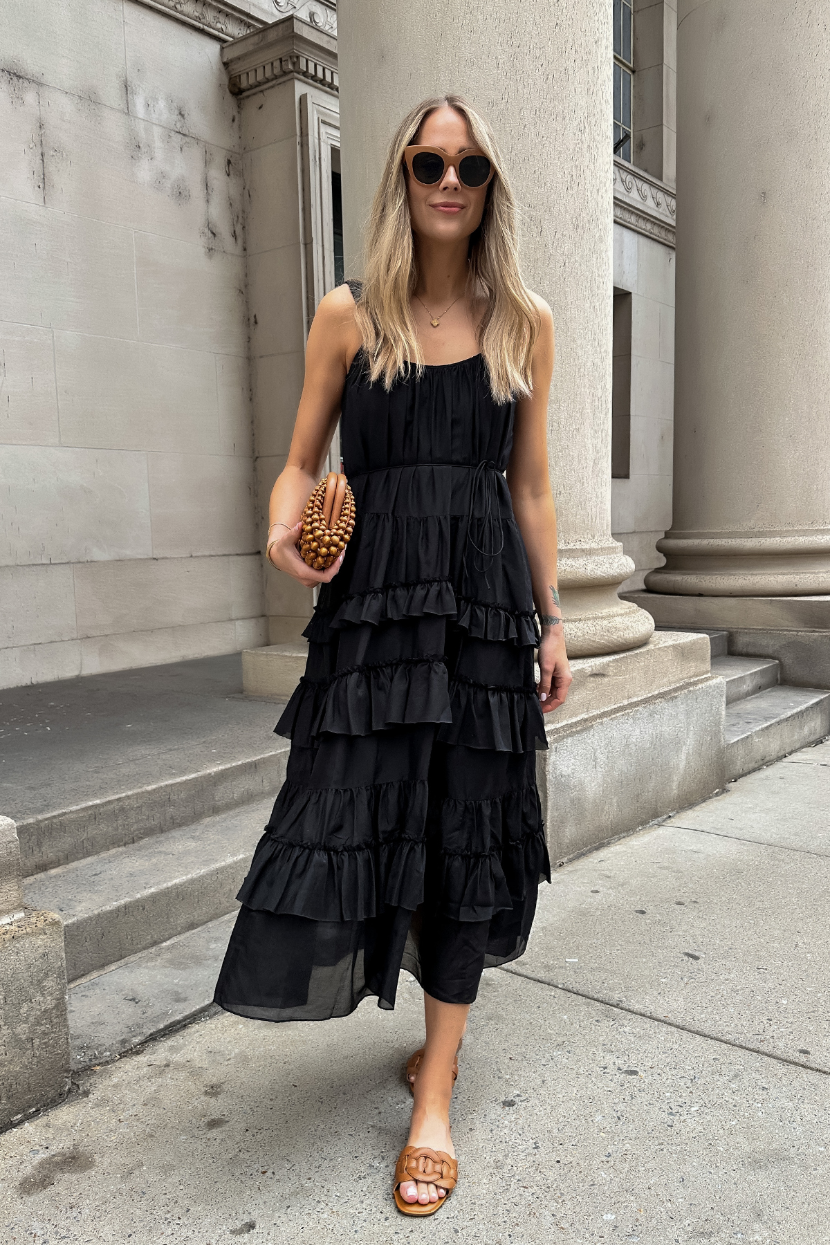 Fashion Jackson Wearing Black Cinq a Sept Ruffle Tiered Cotton & Silk Blend Dress Tan Sandals Cult Gia Nia Clutch black summer maxi dress Street Style