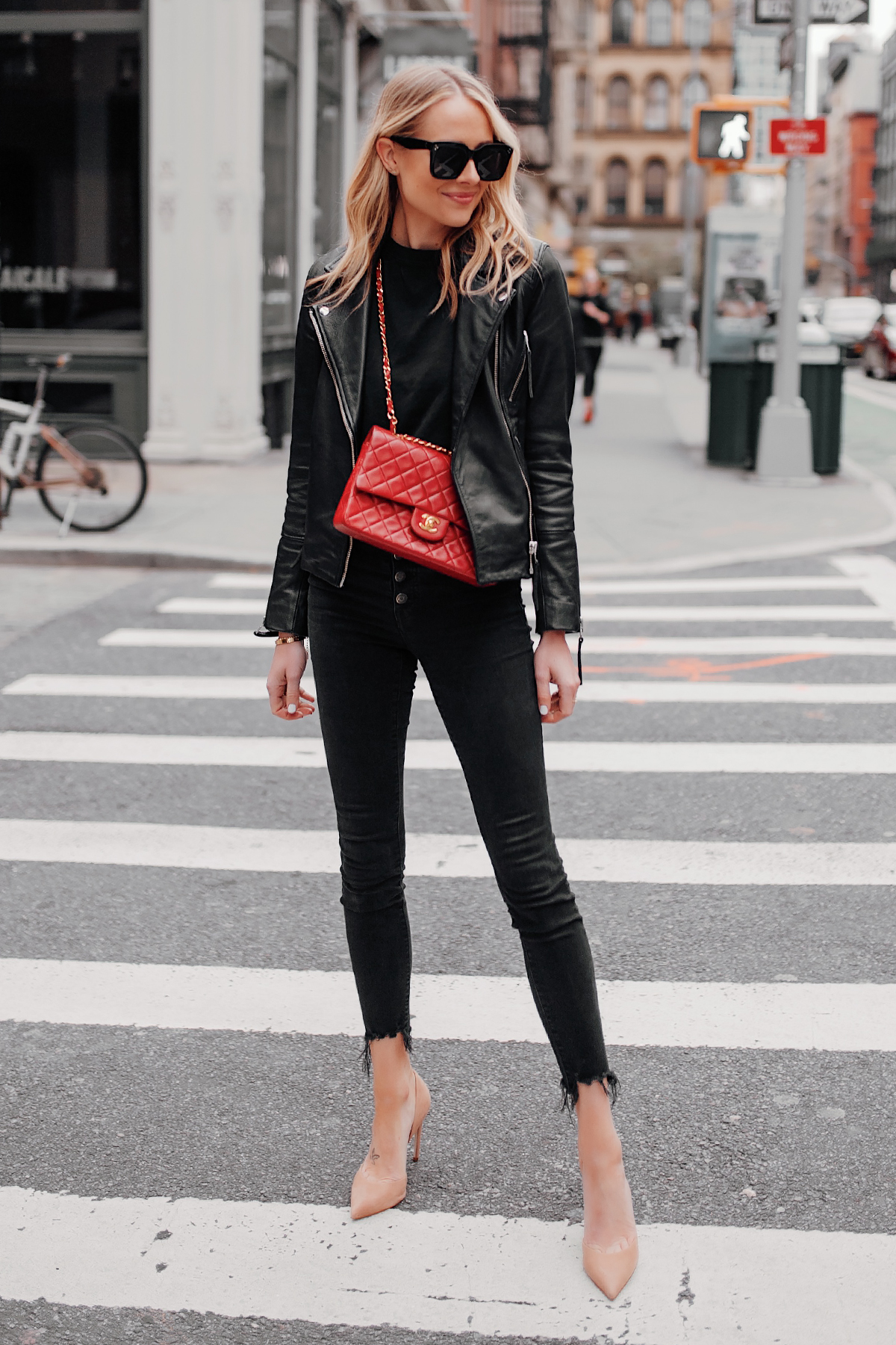 Fashion Jackson Wearing Black Leather Jacket Black Skinny Jeans Red Chanel Handbag Nude Pumps NYC Street Style