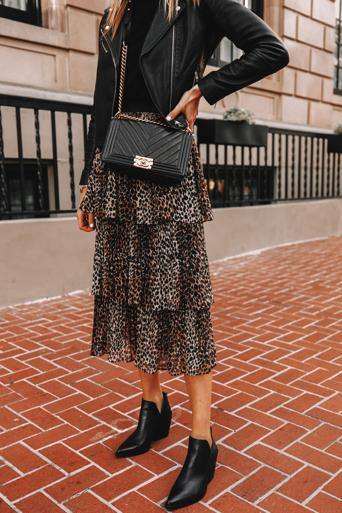 Fashion Jackson Wearing Black Leather Jacket Black Sweater Topshop Leopard Tiered Midi Skirt Black Leather Booties