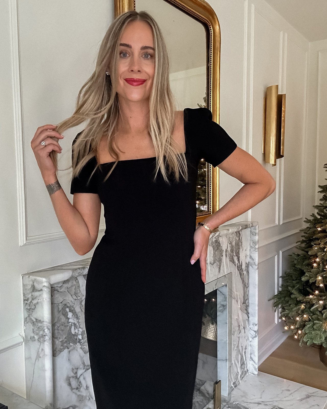 Fashion Jackson Wearing Black Midi Dress ALC Black Dress Black Holiday Dress