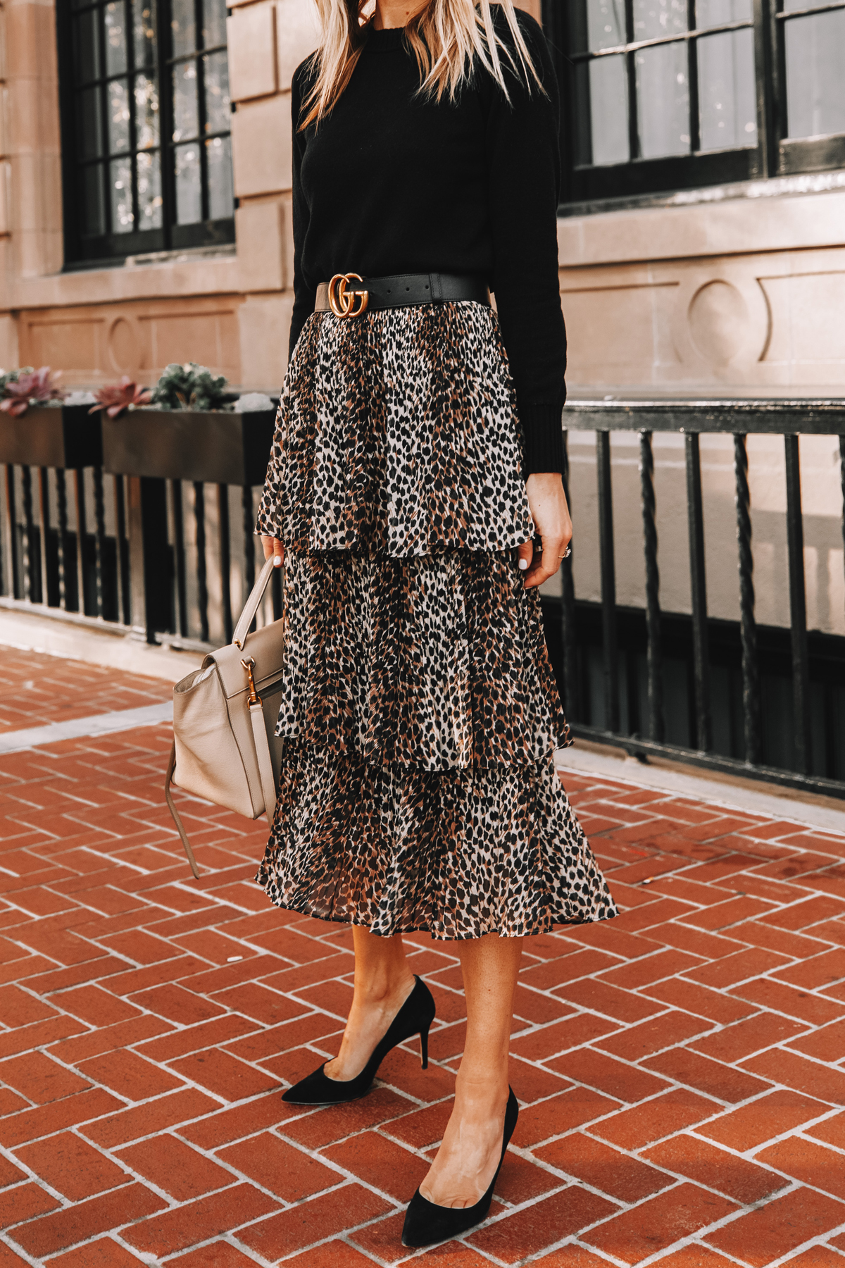 Fashion Jackson Wearing Black Sweater Topshop Leopard Tiered Midi Skirt Black Pumps