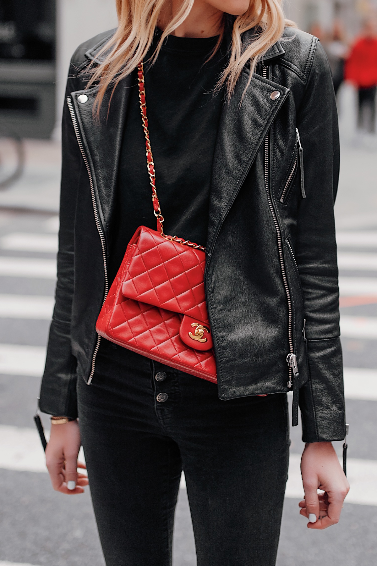 Fashion Jackson Wearing Club Monaco Black Leather Jacket Black Jeans Red Chanel Handbag