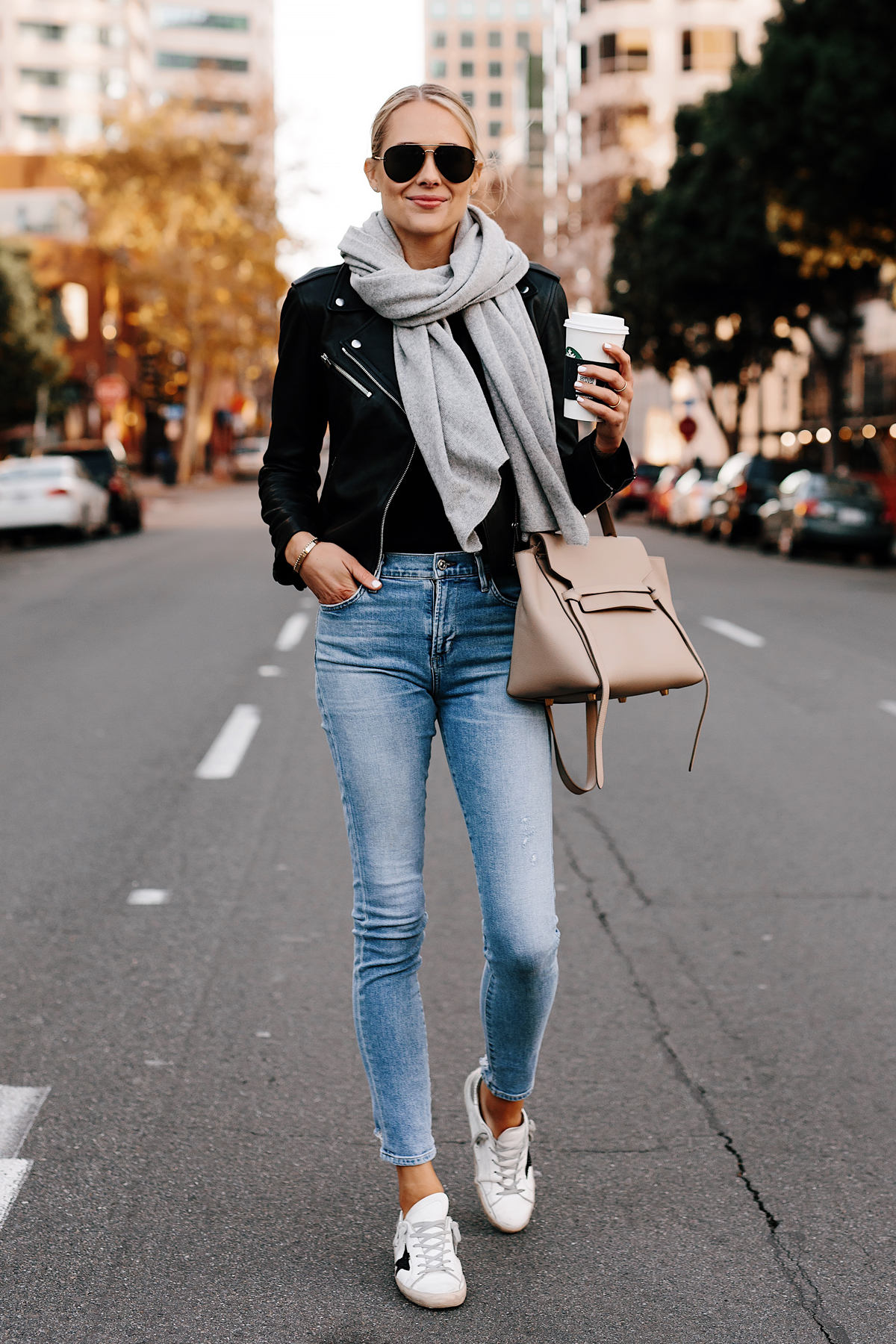 Blonde Woman Wearing Club Monaco Black Leather Jacket Grey Scarf Denim Skinny Jeans Golden Goose Sneakers Celine Mini Belt Bag Fashion Jackson San Diego Fashion Blogger Street Style