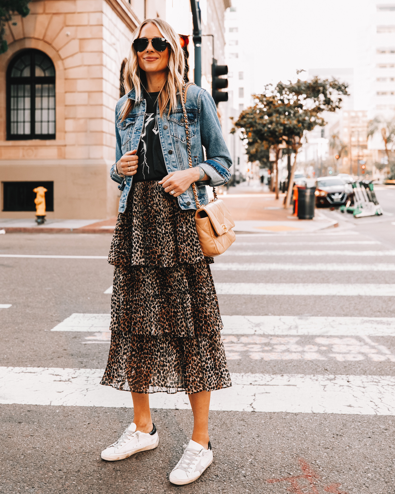 Fashion Jackson Wearing Denim Jacket Anine Bing Graphic Tshirt Leopard Midi Skirt Golden Goose Sneakers