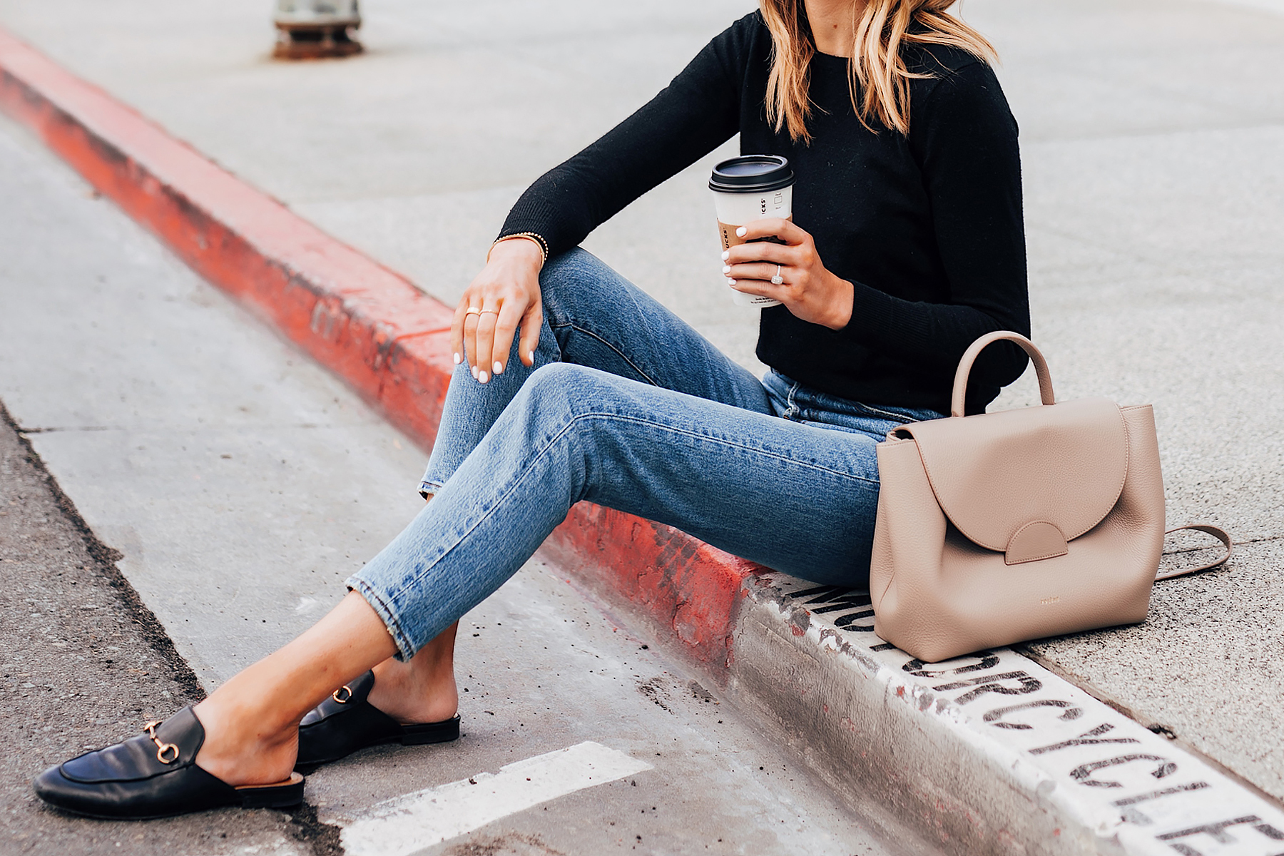 Blonde Woman Wearing Everlane Black Cashmere Sweater Levis 501 Jeans Gucci Princetown Mules Black Polene Numero Un Handbag Grey Fashion Jackson San Diego Fashion Blogger Street Style