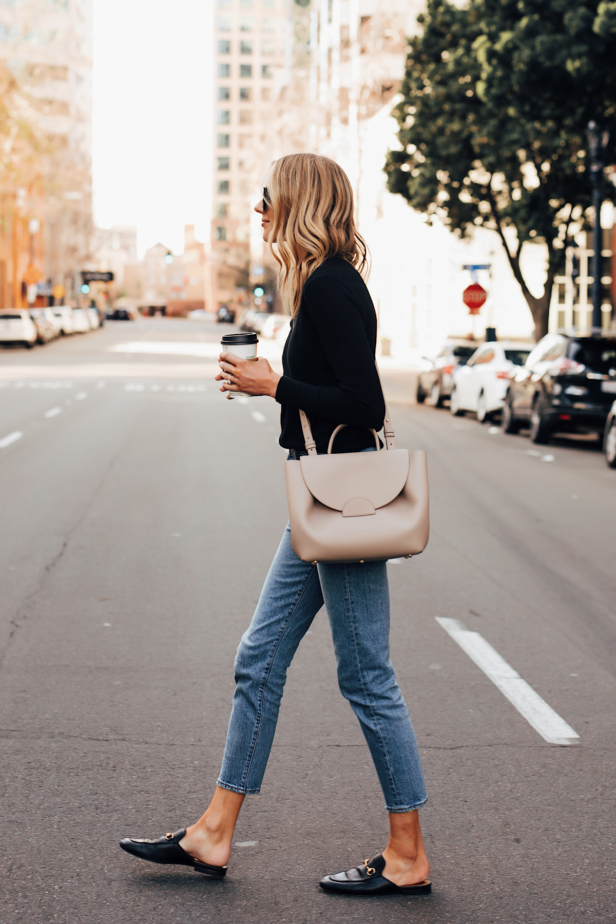 Blonde Woman Wearing Everlane Black Cashmere Sweater Levis 501 Jeans Gucci Princetown Mules Black Polene Numero Un Handbag Grey Fashion Jackson San Diego Fashion Blogger Street Style