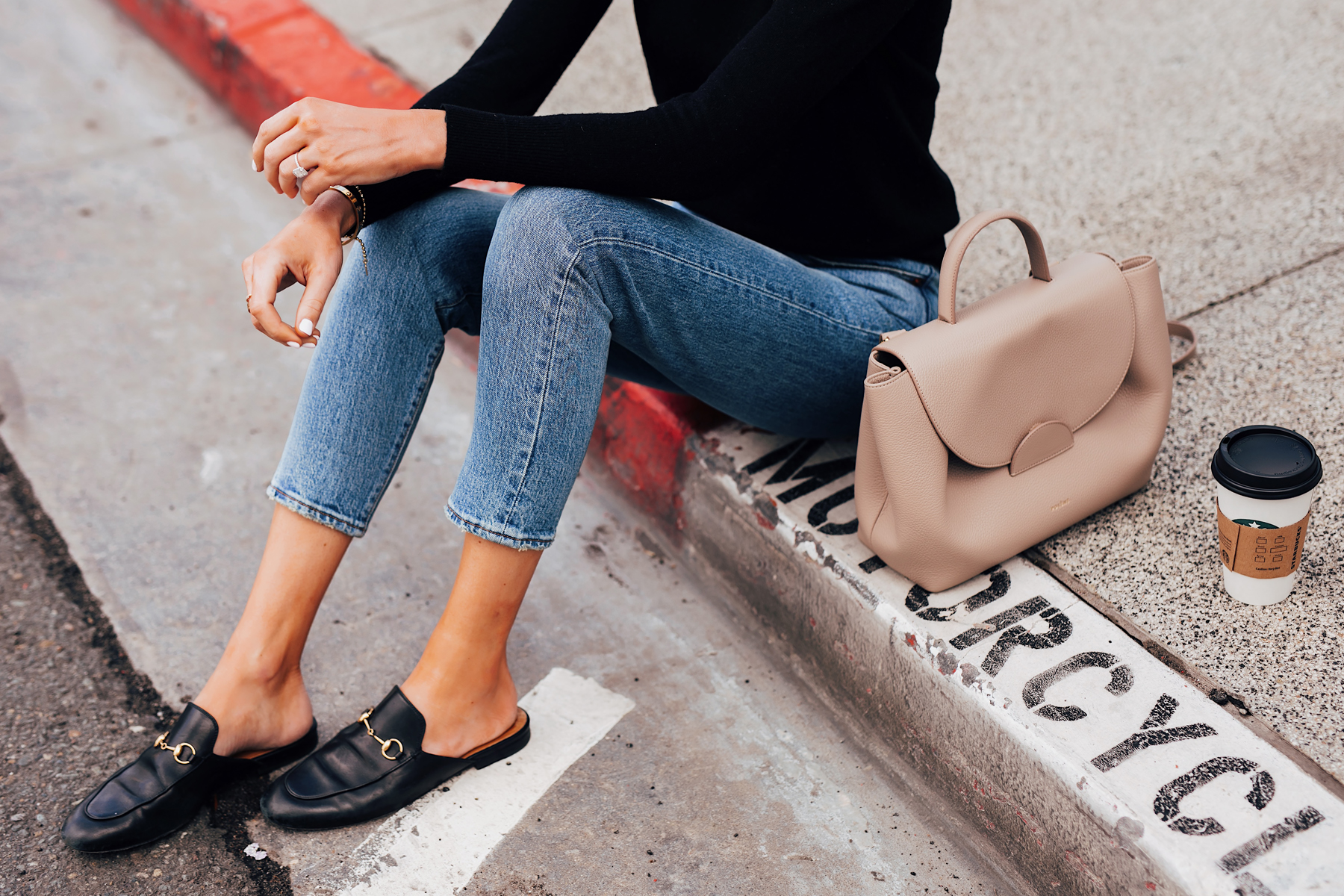 Woman Wearing Everlane Black Cashmere Sweater Levis 501 Jeans Gucci Princetown Mules Black Polene Numero Un Handbag Grey Fashion Jackson San Diego Fashion Blogger Street Style