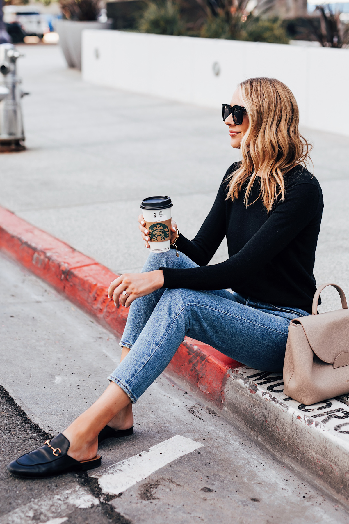 Blonde Woman Wearing Everlane Black Cashmere Sweater Levis 501 Jeans Gucci Princetown Mules Black Fashion Jackson San Diego Fashion Blogger Street Style